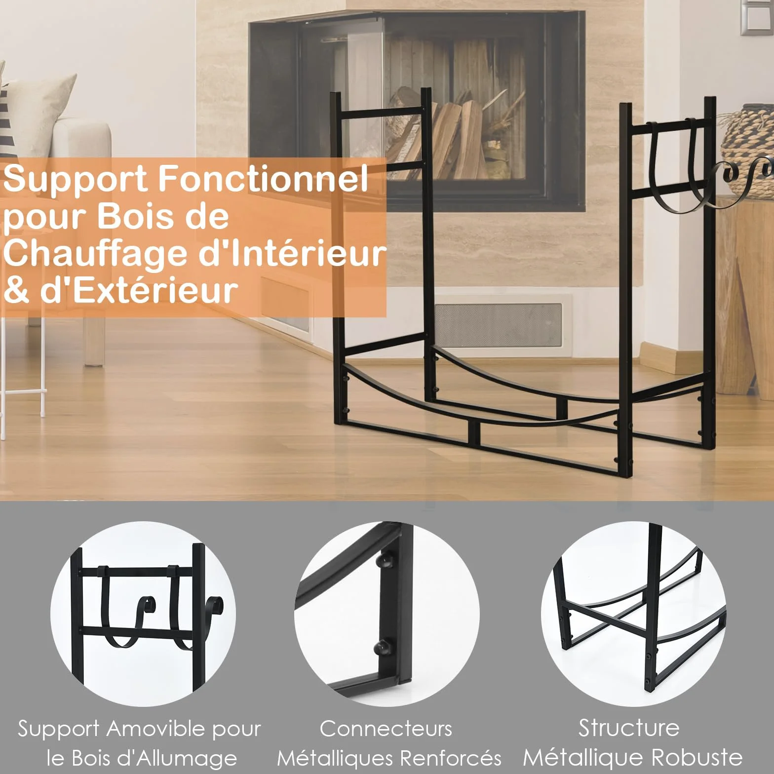 GYMAX Porte-Bûches Métal 50 kg 82,5 x 33 x 76,5 cm Intérieur Extérieur
