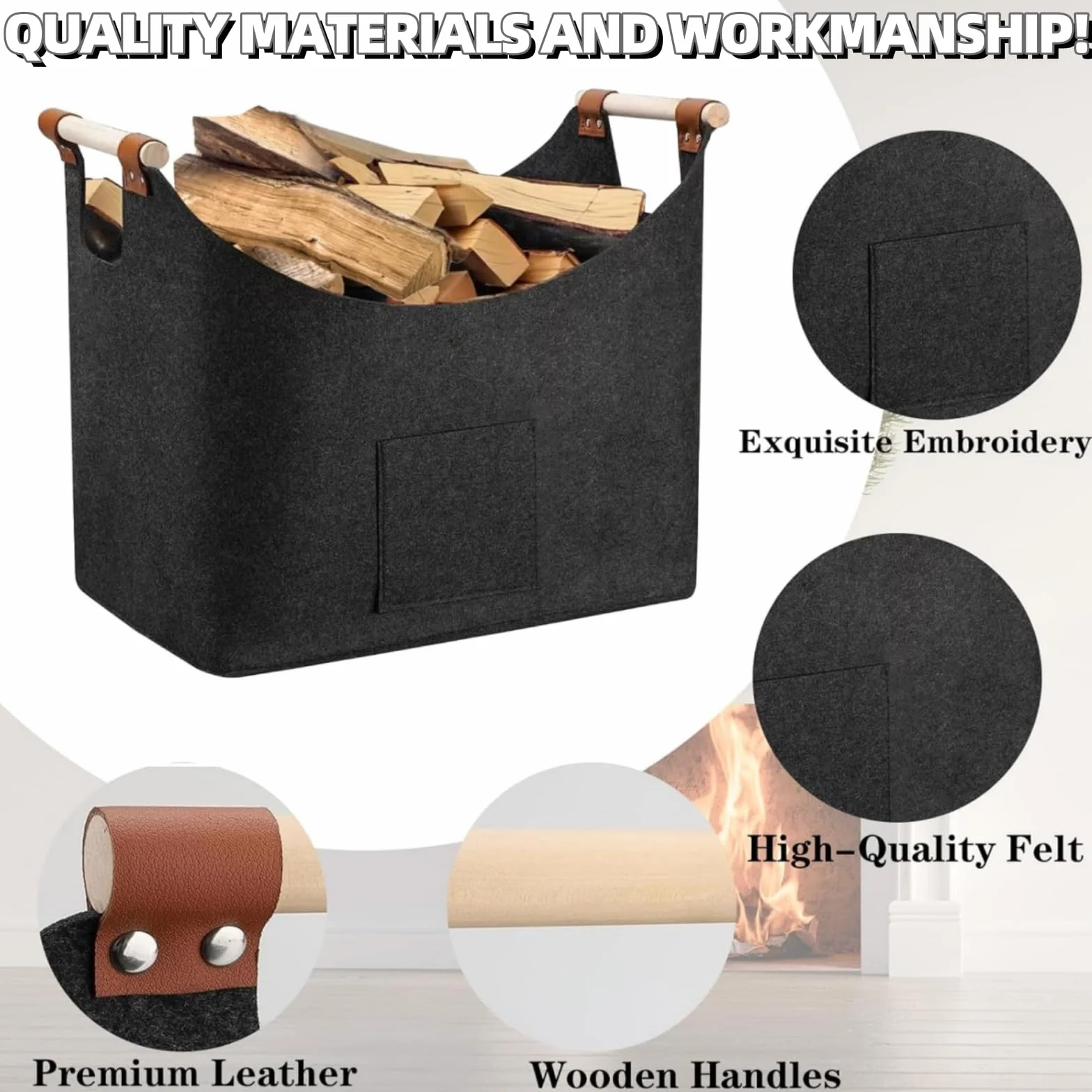 Panier à Bois de Chauffage Extra Large 50L Gris Foncé, Sac Pliable en Feutre avec Poignée Renforcée