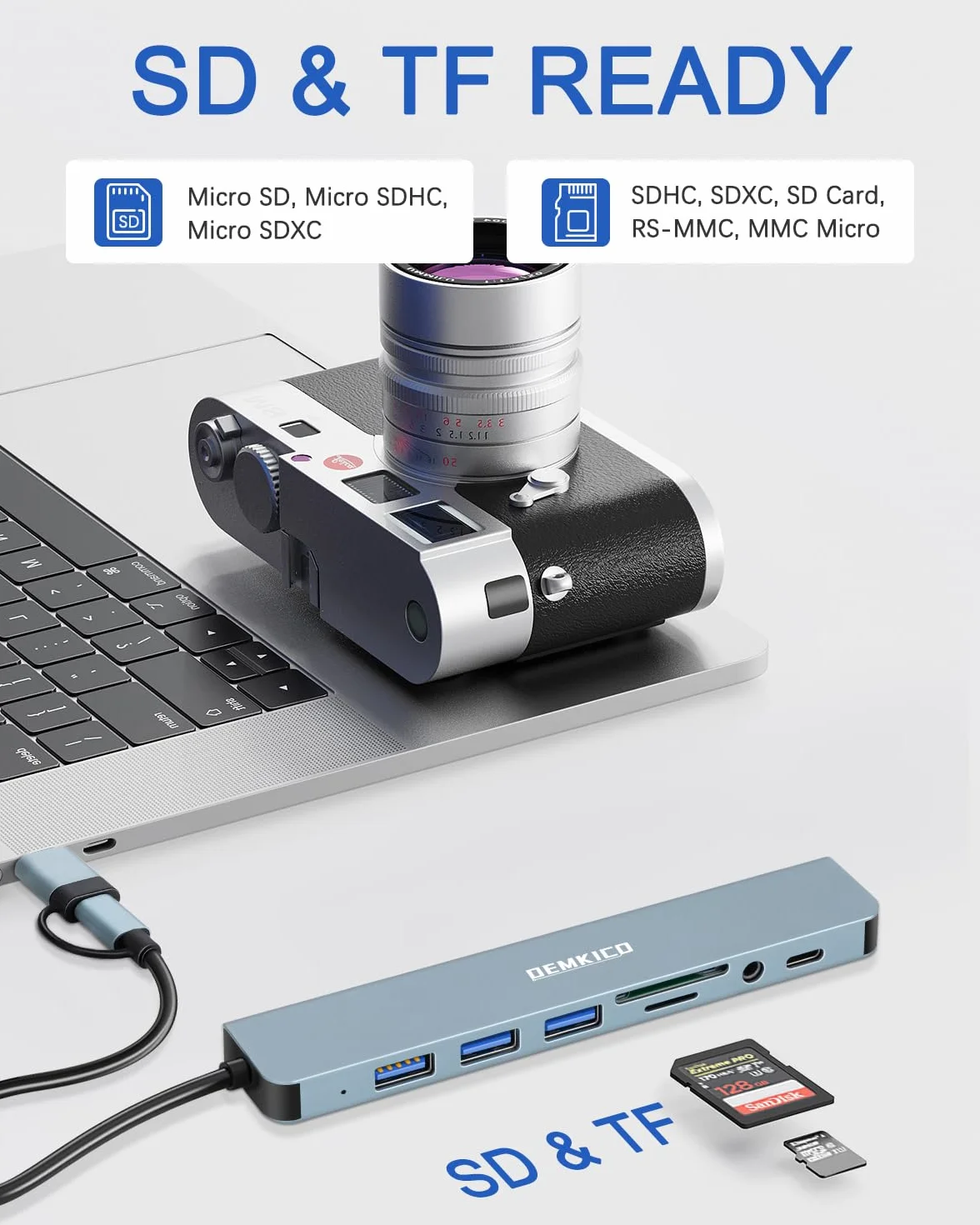 Hub USB C 8 en 1 avec 4 Ports USB, Lecteur SD/TF, Prise Casque 3,5 mm, Port USB C, Compatible MacBook Pro/Air, Tablettes, Smartphones - Gris