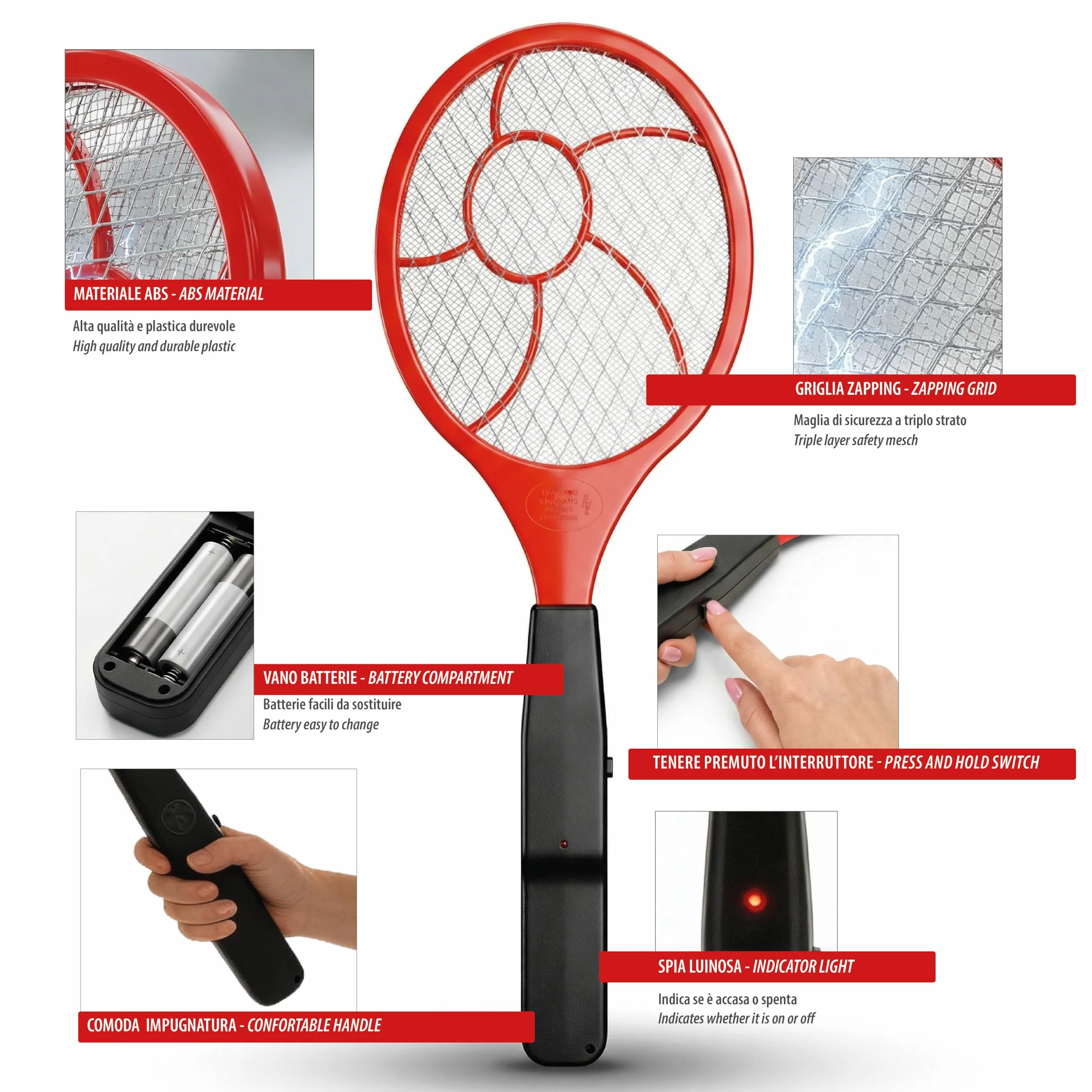 VELAMP JOKO REPEL03 Raquette Électrique Insectes Anti Moustique 1500V 3 Couches LED 16x44,5cm