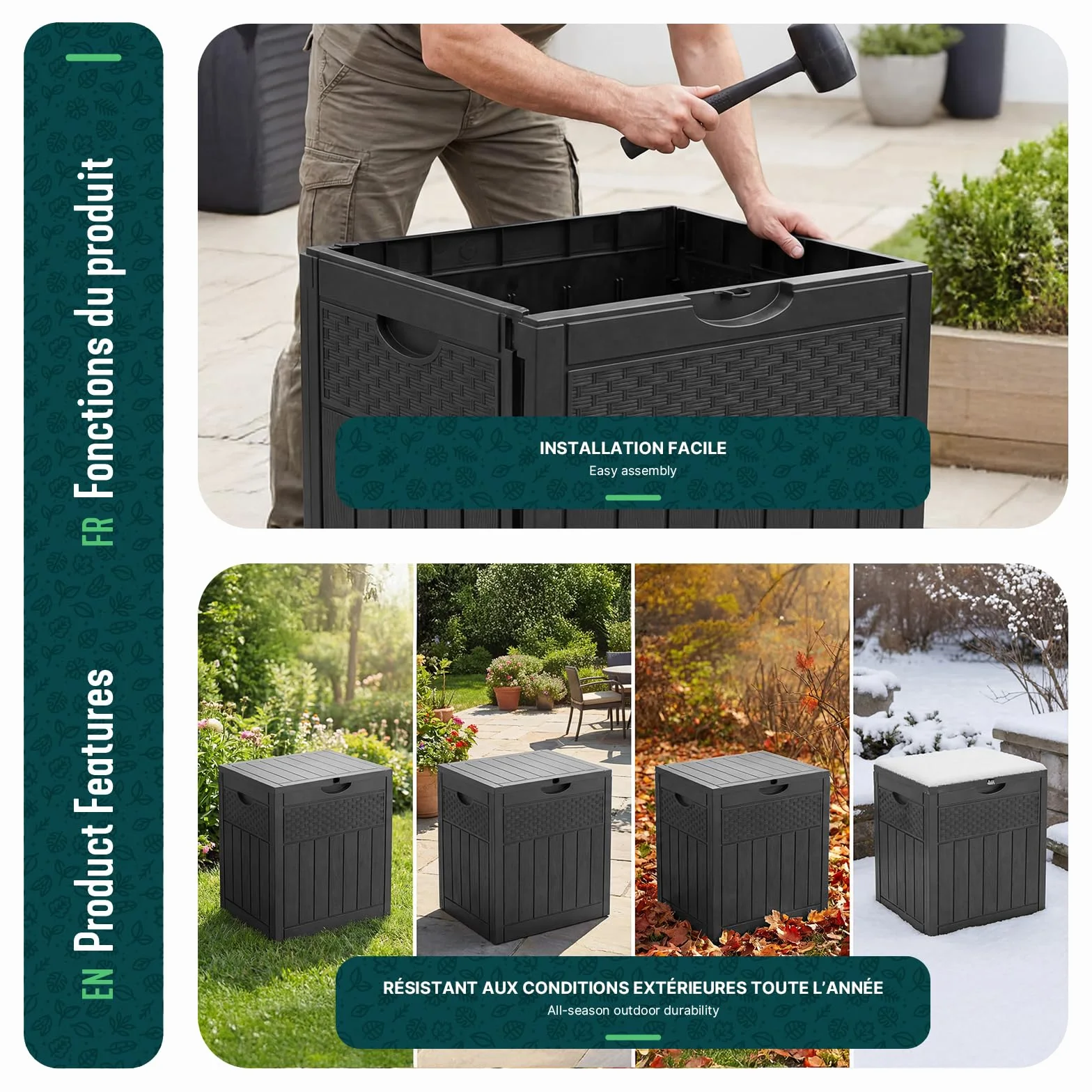 Vounot Coffre de Rangement Extérieur 126L Boîte de Jardin Étanche Anti UV 56x43x53 cm Noir