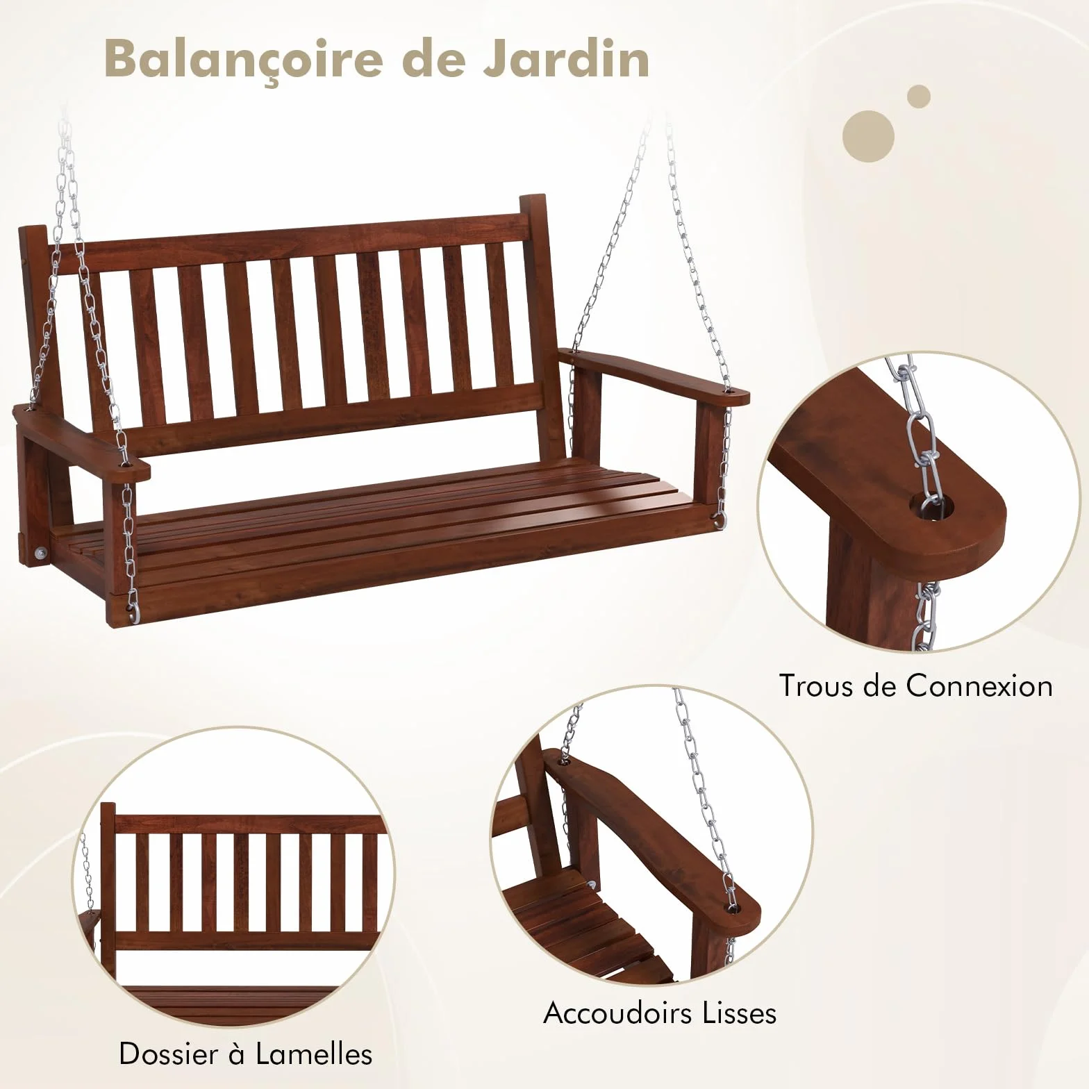 COSTWAY Balançoire Suspendue 3 Personnes Banc Extérieur Bois Massif Chaîne Réglable Charge 360KG Marron