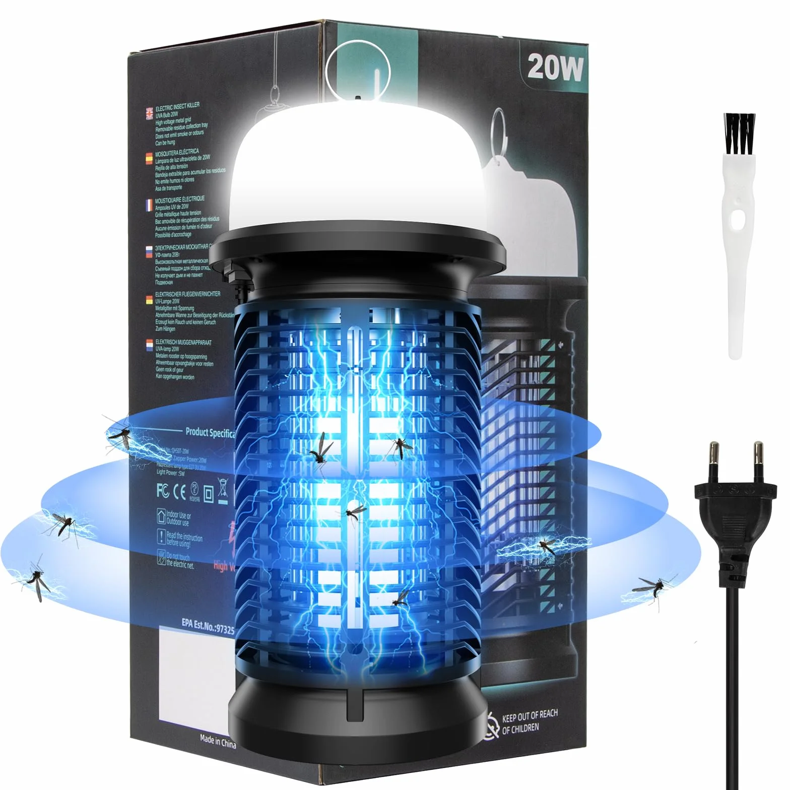 Qoosea Bug Zapper Électrique Tueur de Moustiques 20W Lumière UV Piège à Insectes Intérieur Extérieur