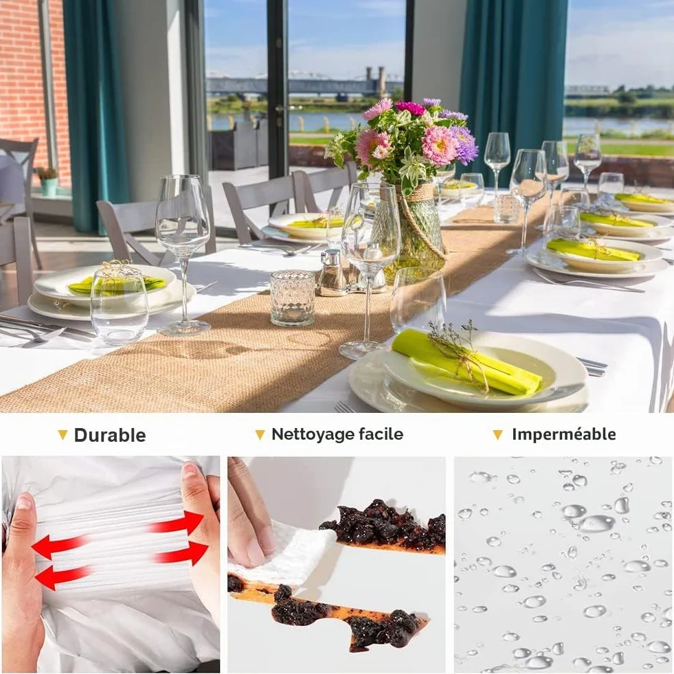 Nappes Jetables Imperméable 150 x 280cm PEVE Rectangulaires Blanche pour Fête Pique-Nique Barbecue