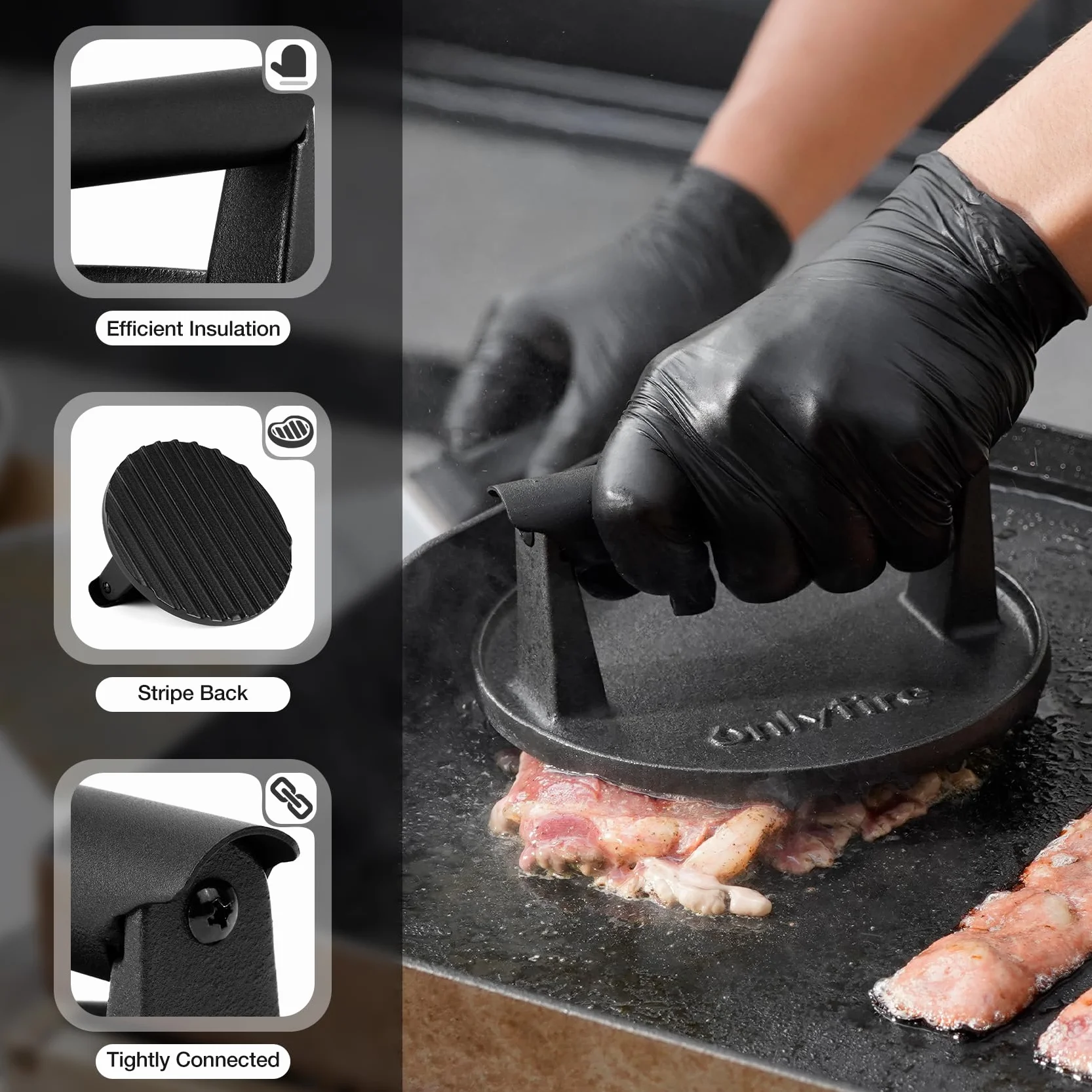 Onlyfire Set Accessoires Plancha 4 Pièces – Presse Burger Fonte, Spatule Perforée, Spatules