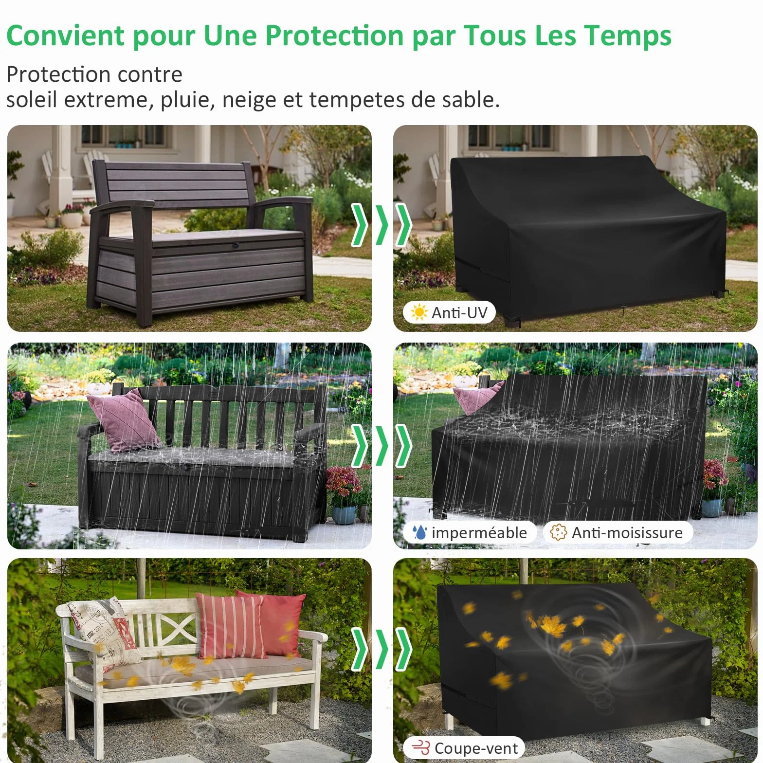 Housses de Canapés de Jardin 600D Oxford Imperméable Anti-UV Protection Banc Extérieur 190x70x65/94cm