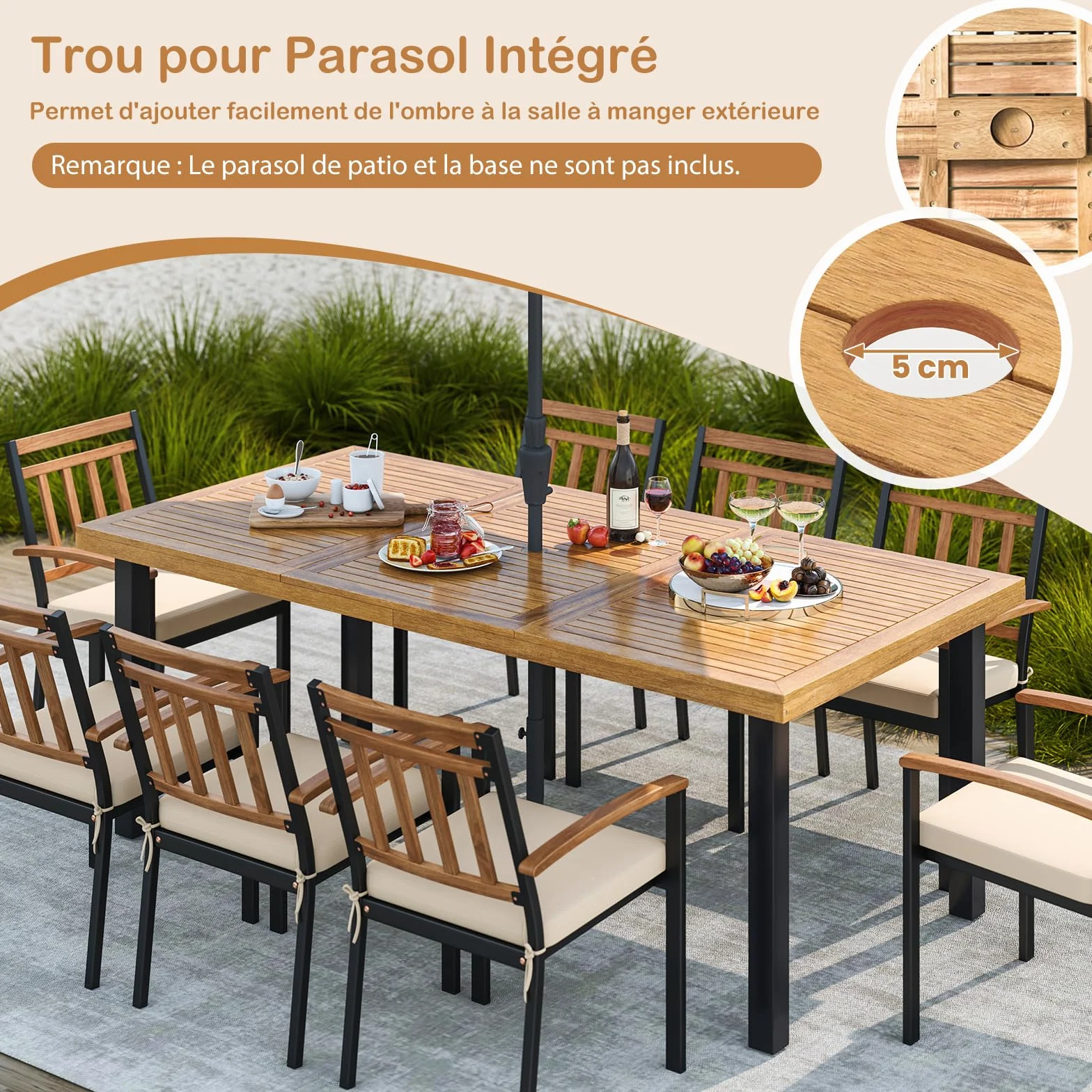 GOPLUS Table de Salle à Manger en Bois d'Acacia FSC 200 x 100 x 75 cm pour 8 Personnes avec Trou pour Parasol