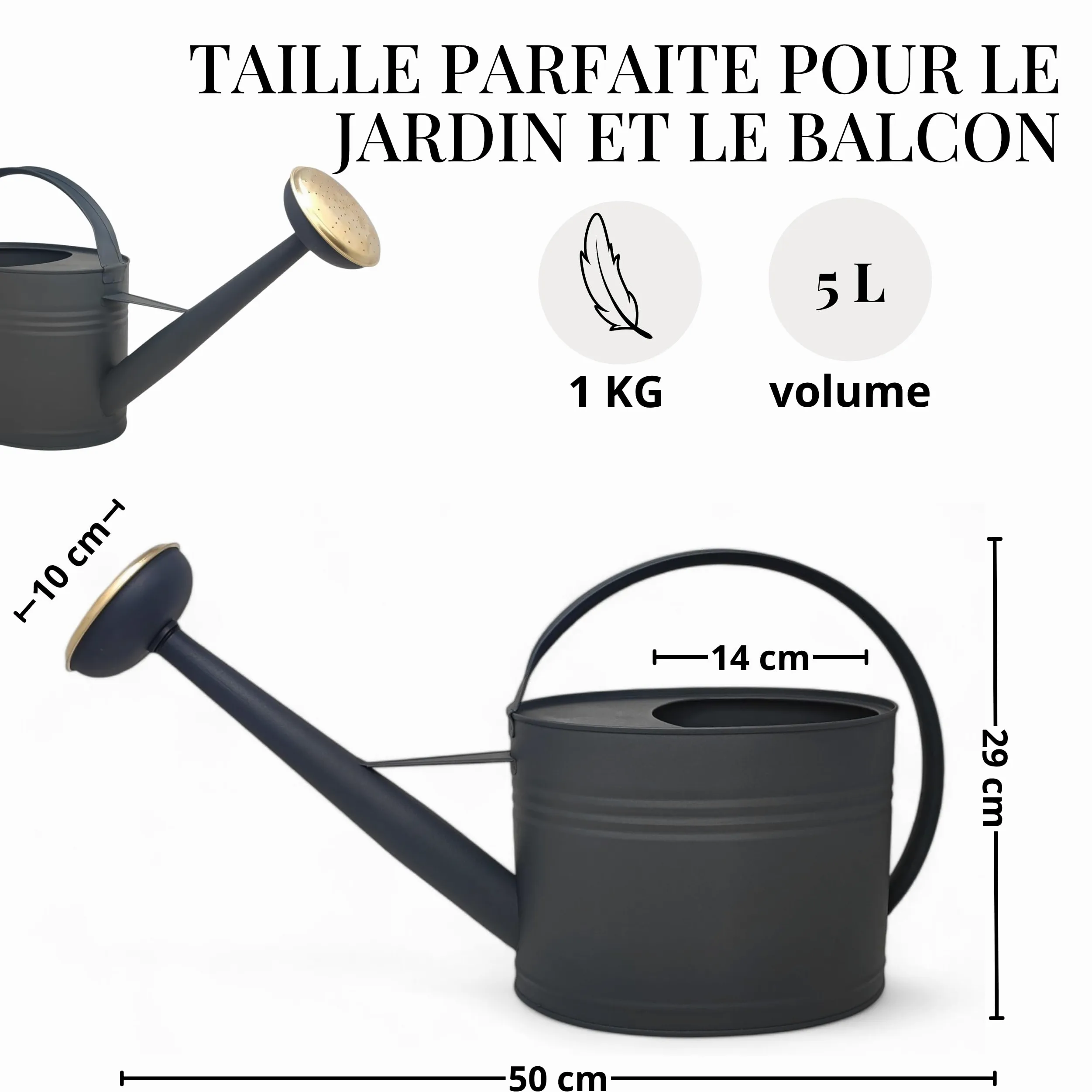 Livlig Arrosoir 5 Litres, Arrosoir pour Fleurs pour Jardin & Balcon, Arrosoir en Métal de Haute Qualité 5L en Métal Zingué et Douchette Détachable, Arrosoir Rétro avec Douchette en Laiton, Anthracite