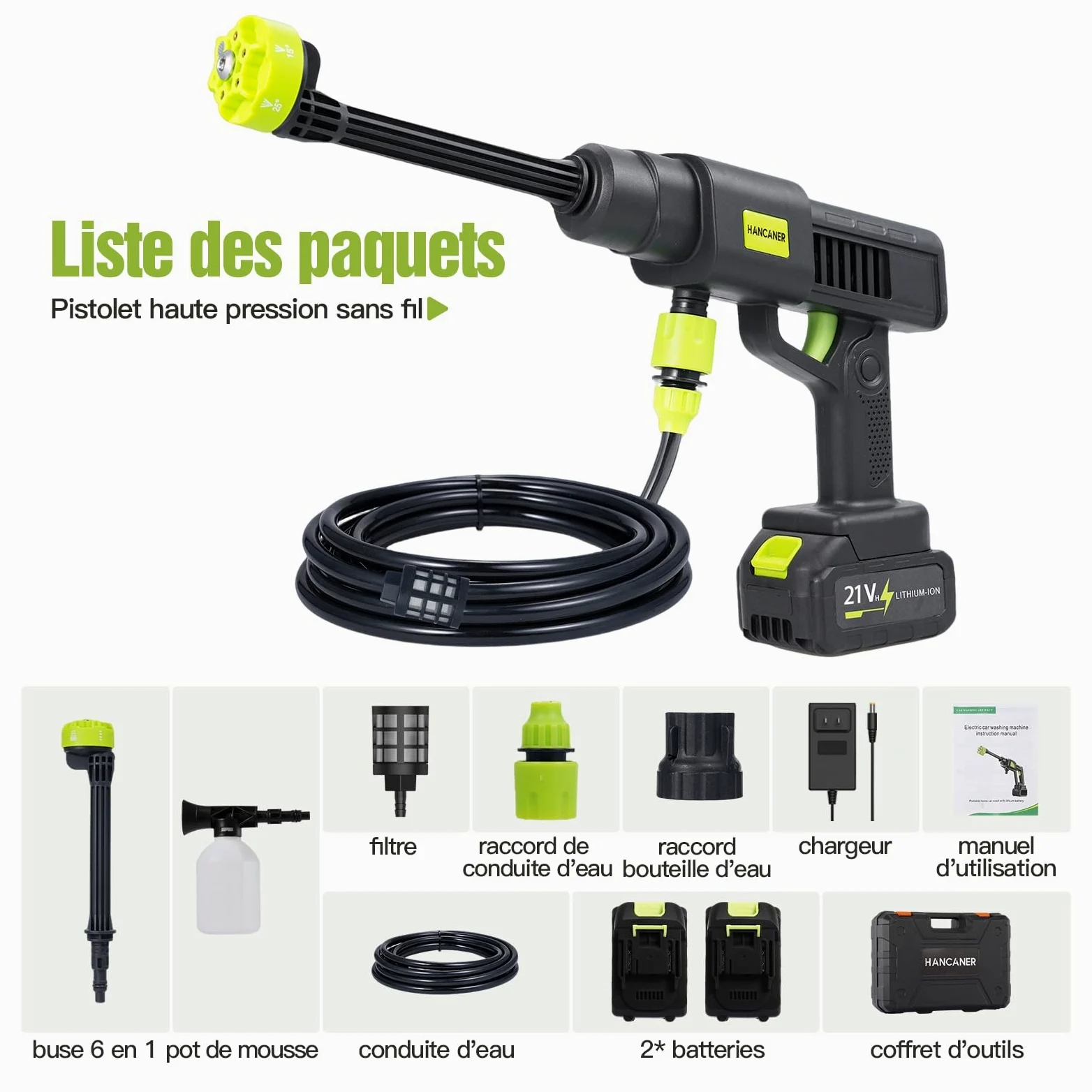 Hancaner Nettoyeur Haute Pression à Batterie, 35 Bar, écran LED, avec 6 en 1 Multi-buse de pulvérisation, 2 * 3.0 Ah Batterie et Chargeur 5M Tuyau pour Voiture, Maison, pelouse, Jardin, clôture