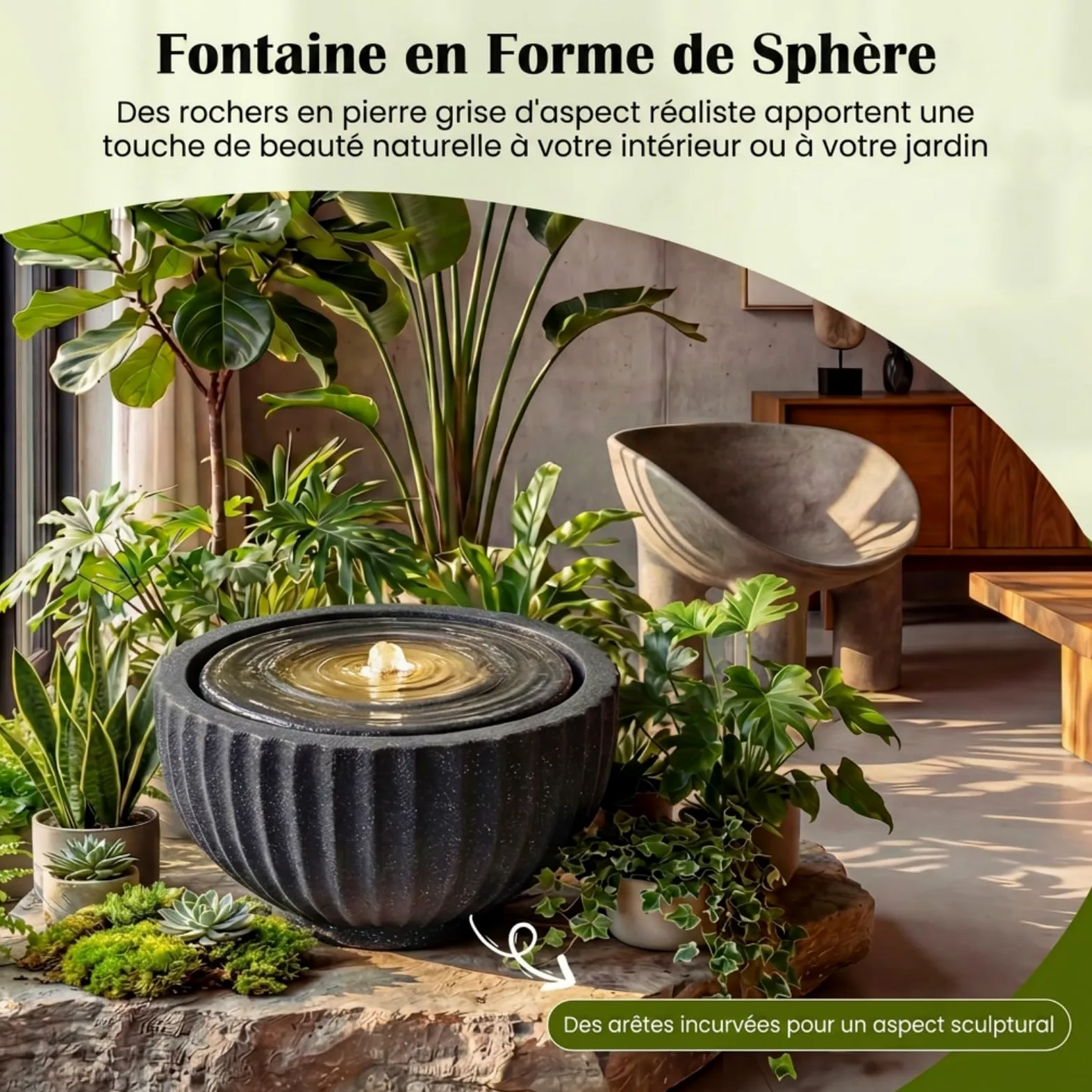 COSTWAY Fontaine Solaire d'Extérieur, Fontaine de Jardin Décorative avec 6 LED, Cascade Décoration en Forme de Bol Aspect Pierre en Résine Fibre de Verre pour Terrasse/Balcon, 45 x 45 x 23,5 cm