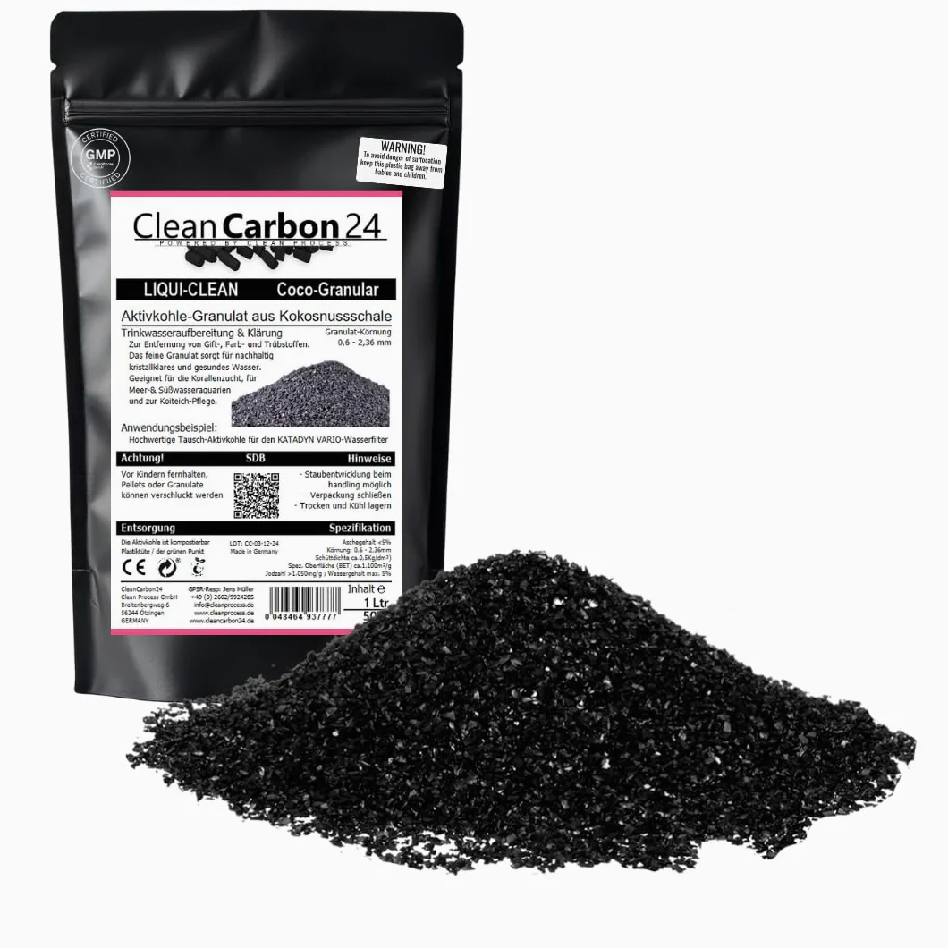Clean Carbon 24 LIQUI-Clean Coco granulé 8×30Mesh/0,8–3,2mm, 10l | 5kg | Granulés fins 0,6–2,36 mm pour aquarium, bassin et filtration de l’eau, activés physiquement à la vapeur