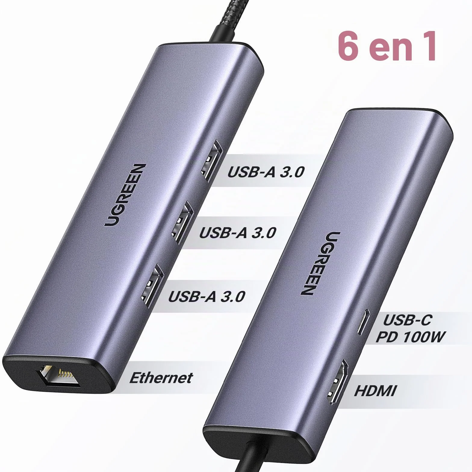 UGREEN Revodok 1061 Hub USB C Ethernet HDMI 4K PD 100W Charge 3 Data Ports 5Gbps Adaptateur RJ45 6 en 1 Docking Station Compatible MacBook iPad Pro Air Mac Mini M4 iPhone
