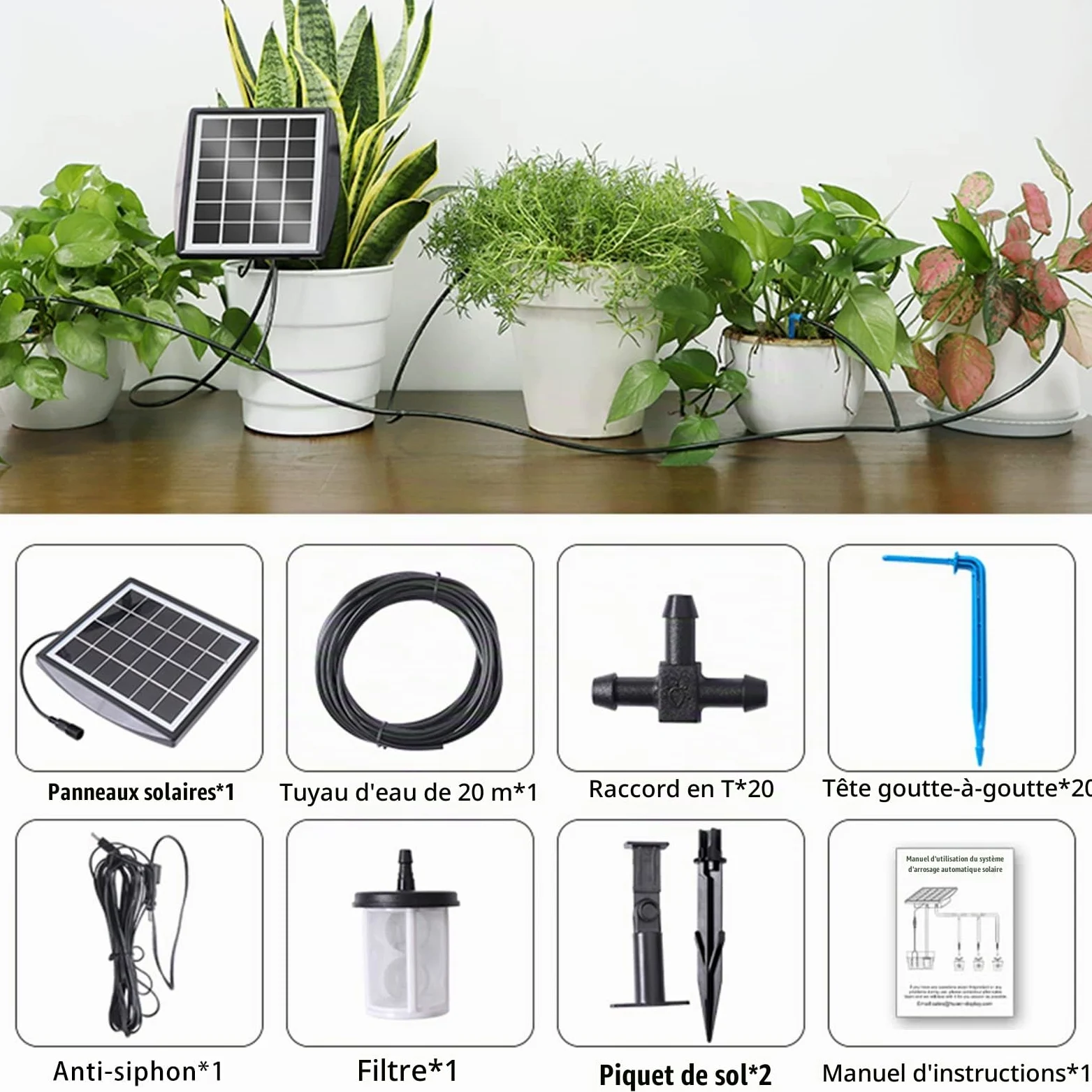 arrosage automatique solaire avec 12 modes de minuterie et protection contre le manque d'eau, tuyau de 20 m et 20 têtes d'égouttement pour jardin, plantes de balcon, plantes en pot en plein