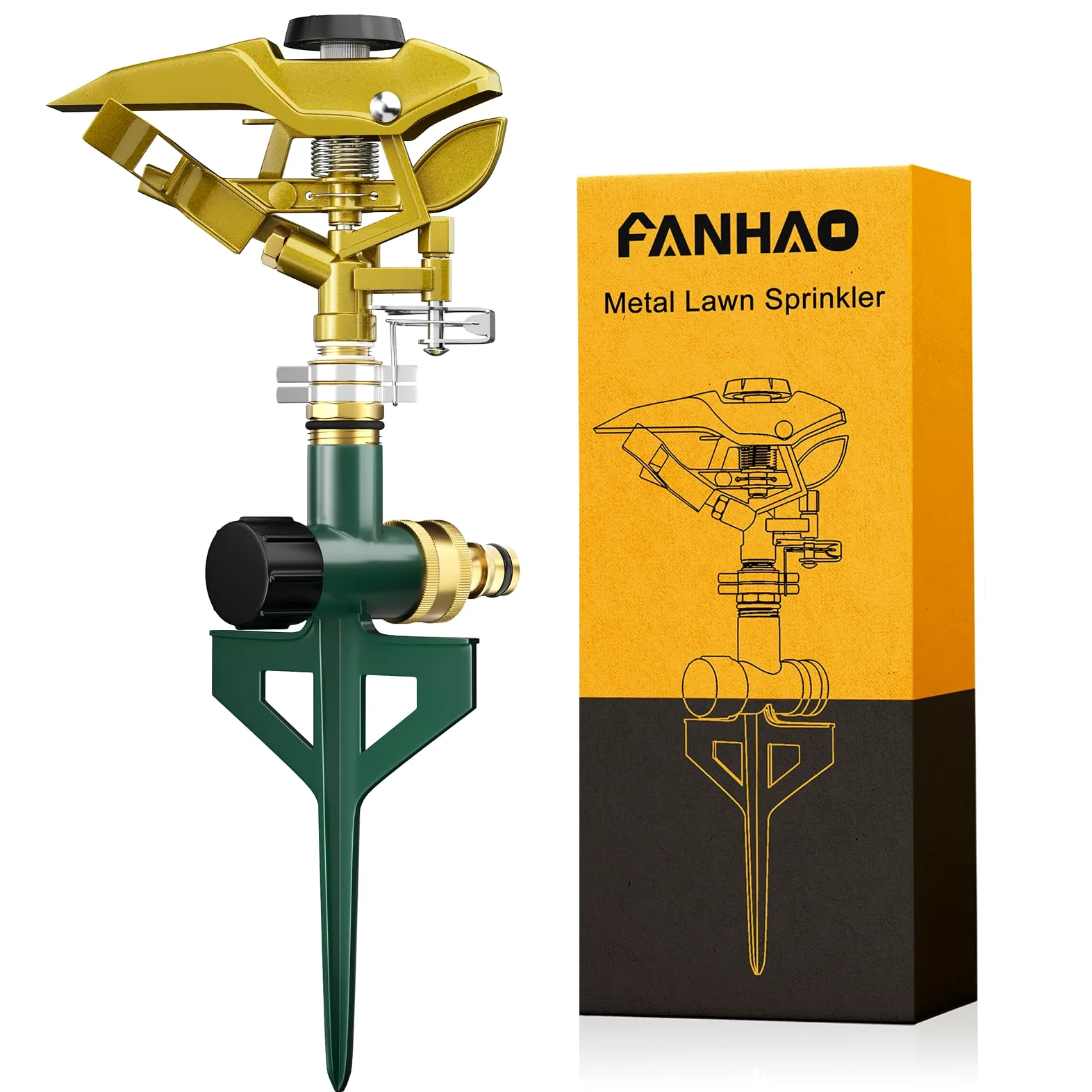 FANHAO Arroseur pulsé en métal, arroseur de pelouse Robuste sur Piquet, arroseur à Impulsion pour arrosage de Surfaces jusqu'à 540 m², Rotatif à 360° pour Une Couverture de Grandes Surfaces