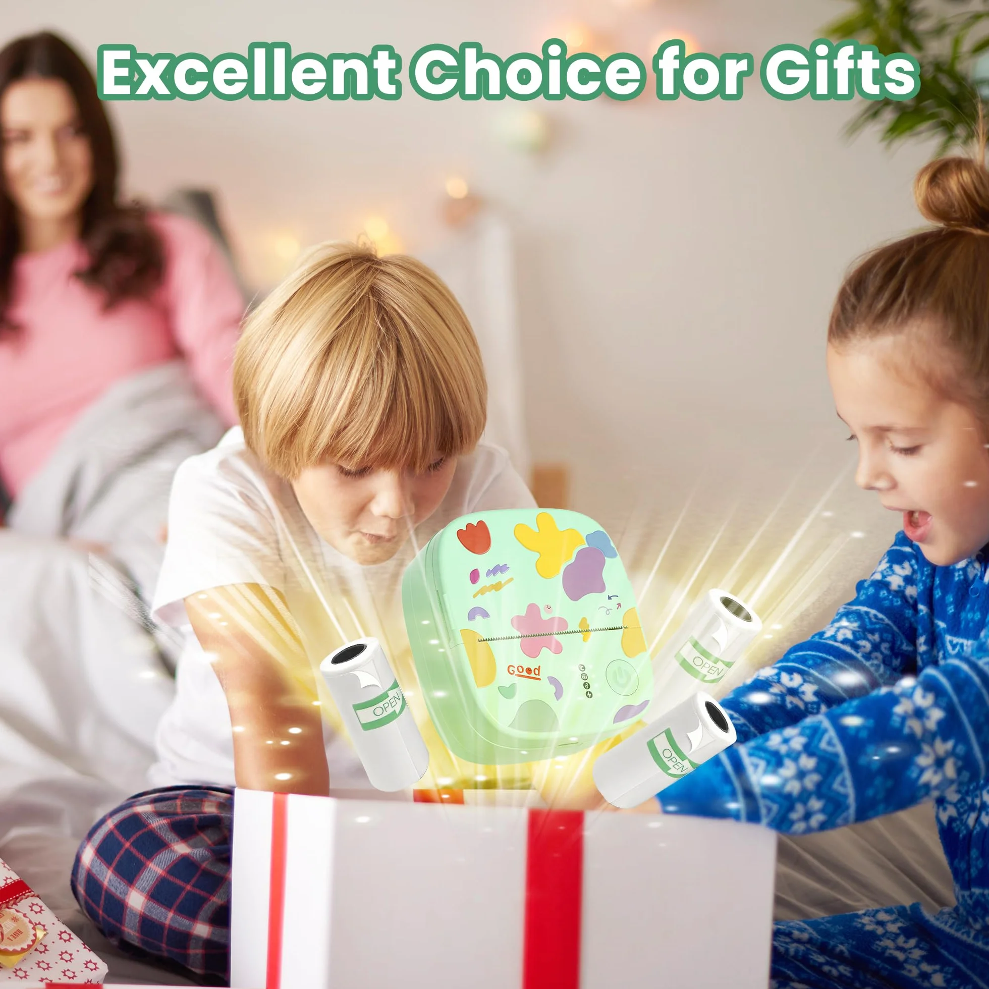 Imprimante Thermique Mini sans Encre Bluetooth Portable 3 Rouleaux Papier Vert pour Stickers Étiquettes DIY Enfants