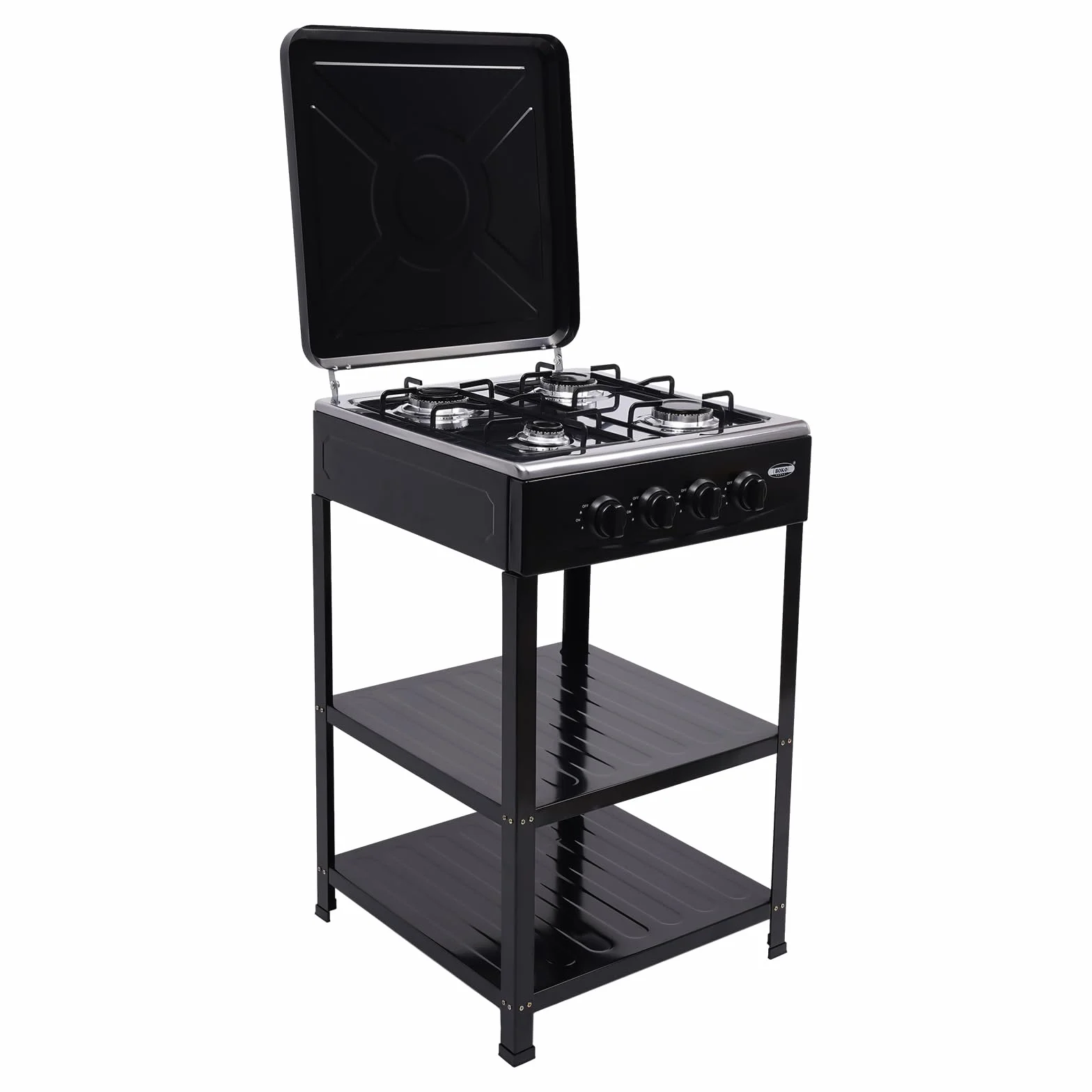 Cuisinière à gaz 4 flammes extérieur acier inoxydable portable noir avec couvercle