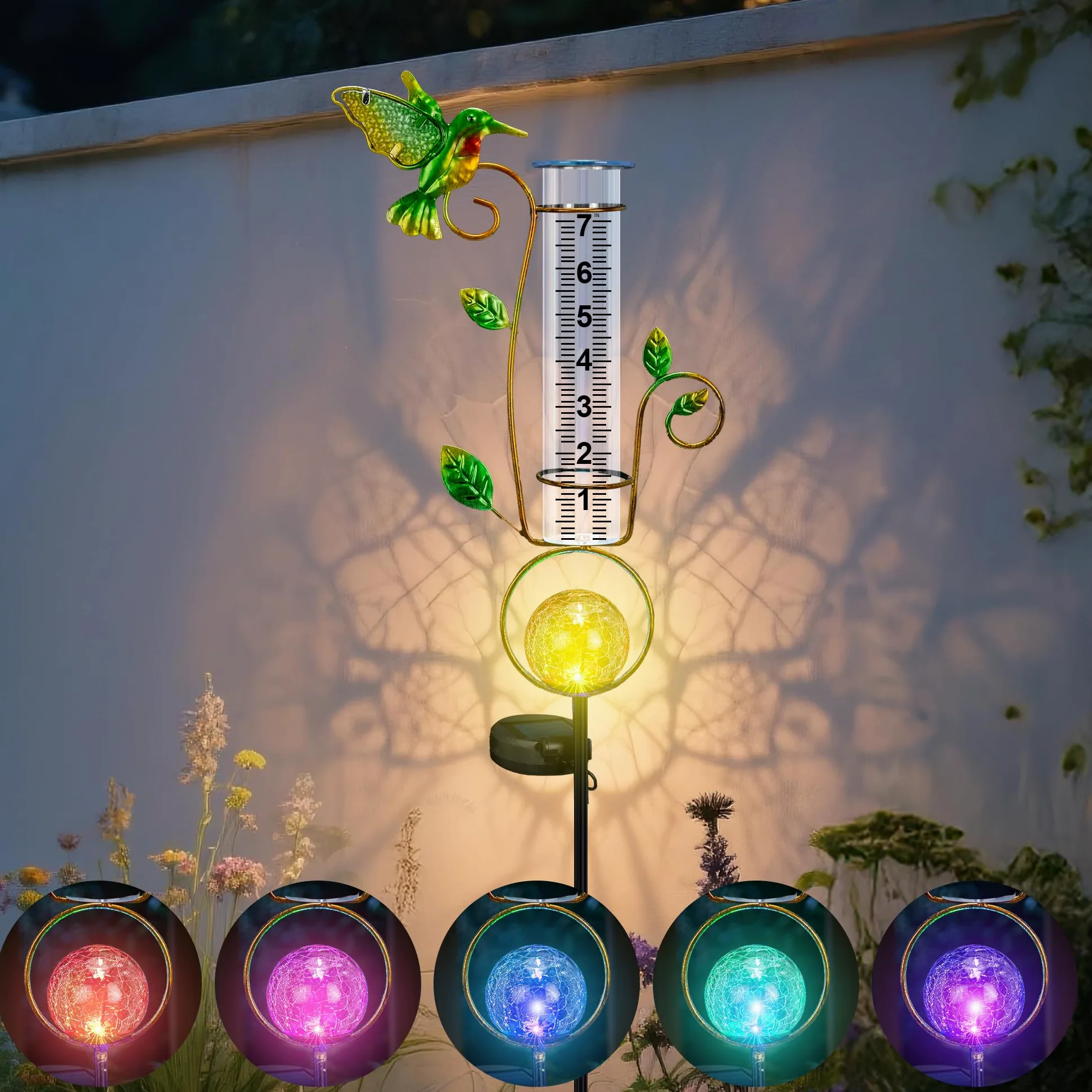 Pluviomètre d'extérieur – Jauge de pluie solaire en forme de colibri décorative avec lumières LED à changement de couleur en forme de boule fissurée de 17,8 cm Tube résistant au gel pour l'extérieur