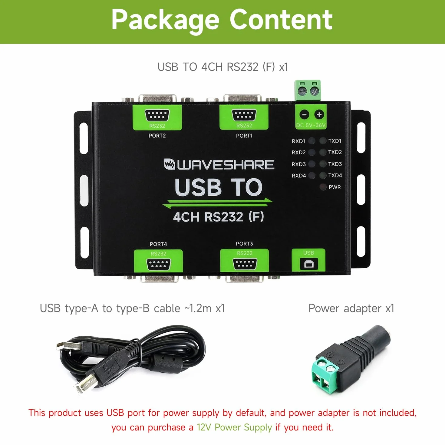 Waveshare Industrial Isolated USB to 4CH RS232 Converter DB9 Female FT4232HL High-Speed Stable Communication