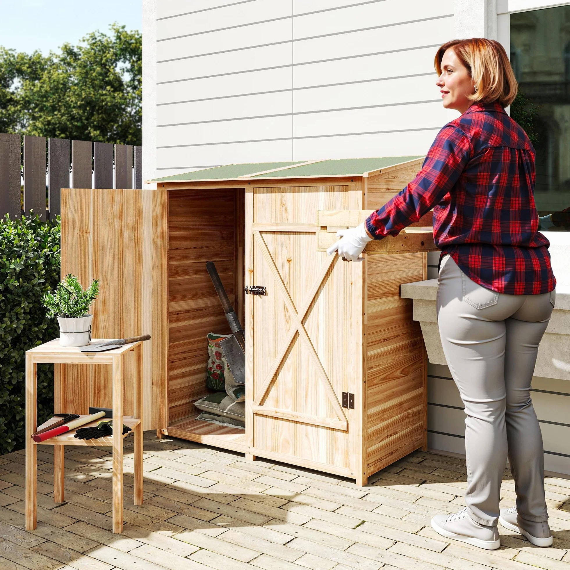 Outsunny Armoire de Jardin Cabane à Outils 2 Portes verrouillables Toit en Bitume imperméable Bois de Sapin 140x75x157 cm