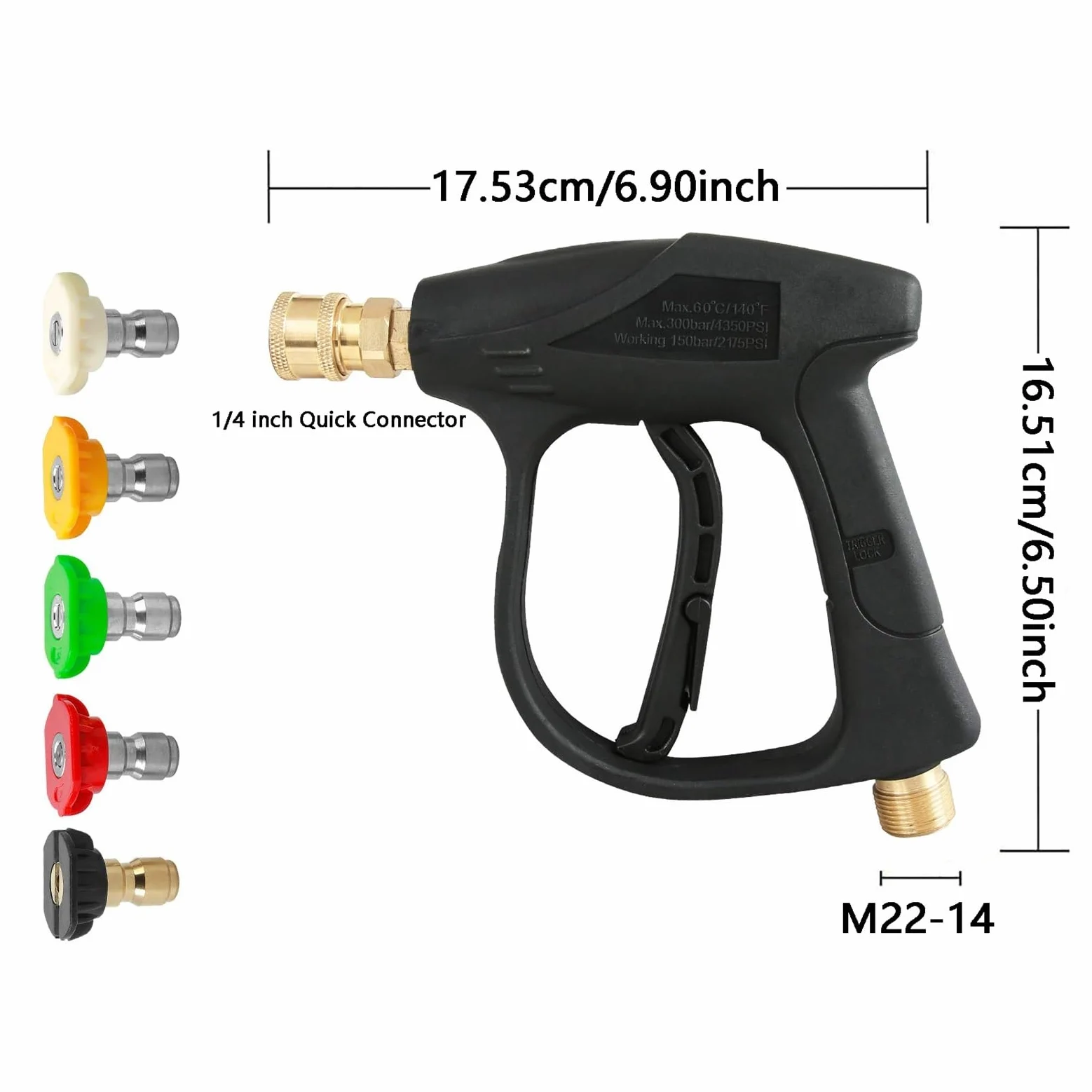 Pistolet d'arrosage avec embout multi-jets, Nettoyeur haute pression en métal à manche court avec verrouillage de la gâchette et 5 embouts buse(M22-15)