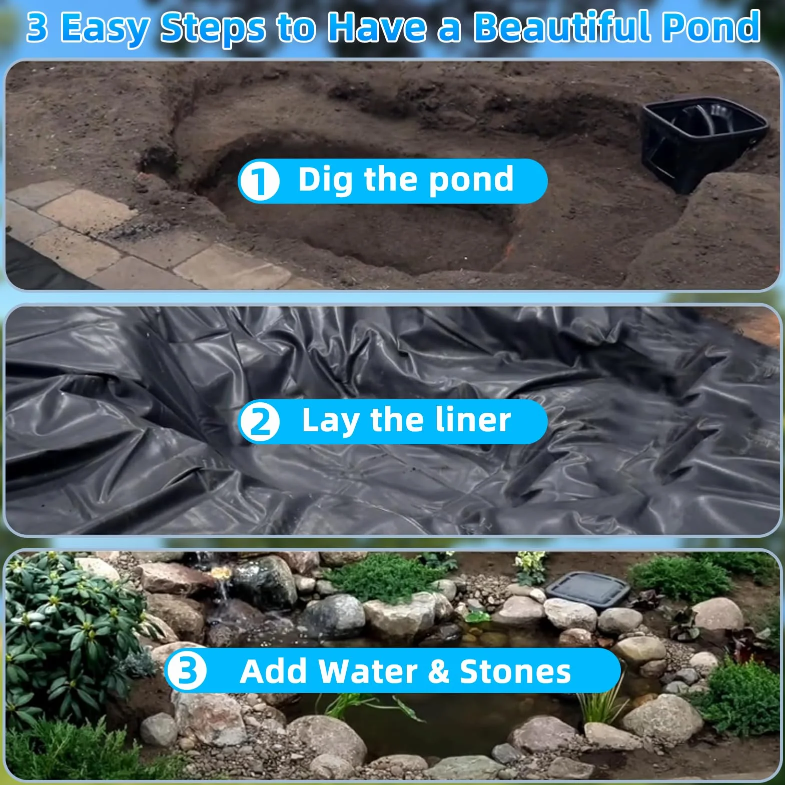 Bâche de Bassin en PVC de qualité supérieure 6x8M, Noire, en PEHD, très résistante, Film d'étanchéité pour Bassin de baignade, bassins à Poissons, fontaines, Jardins Aquatiques et Cascades