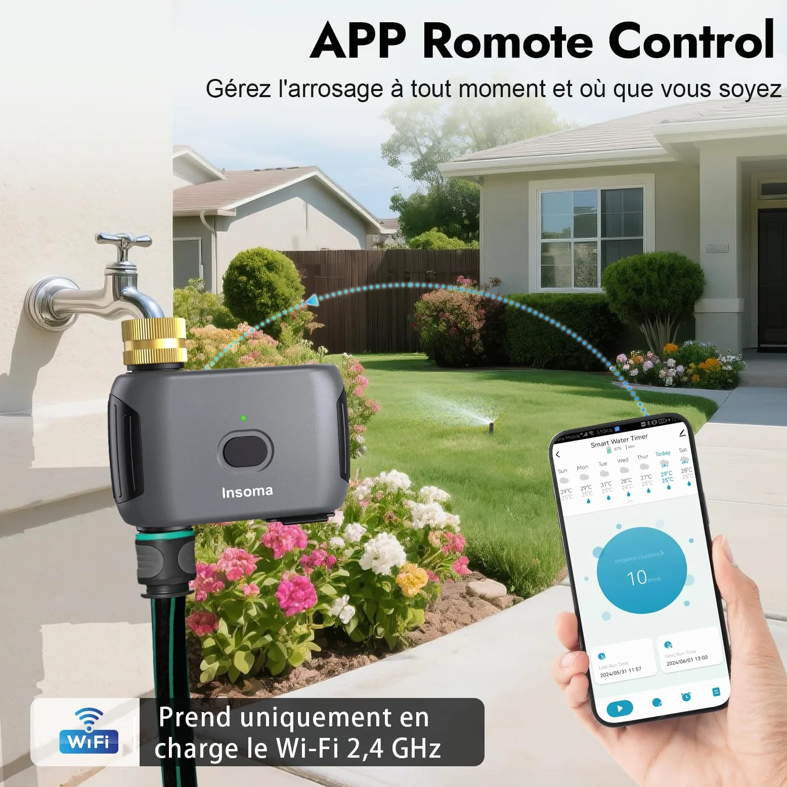 Insoma Minuteur d'eau WiFi pour tuyaux d'arrosage, minuterie Intelligente d'arrosage, télécommande par Application, minuterie de Tuyau WiFi, Commande vocale avec Alexa, Retard de Pluie et Mode Manuel
