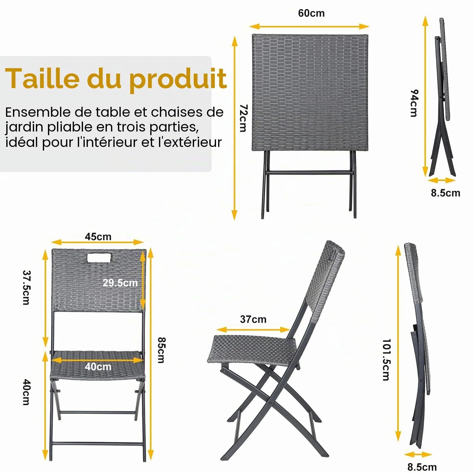 Ensemble de Meubles de Balcon 3 pièces Pliable en Rotin Gris, 2 Chaises et 1 Table, pour Terrasse et Jardin