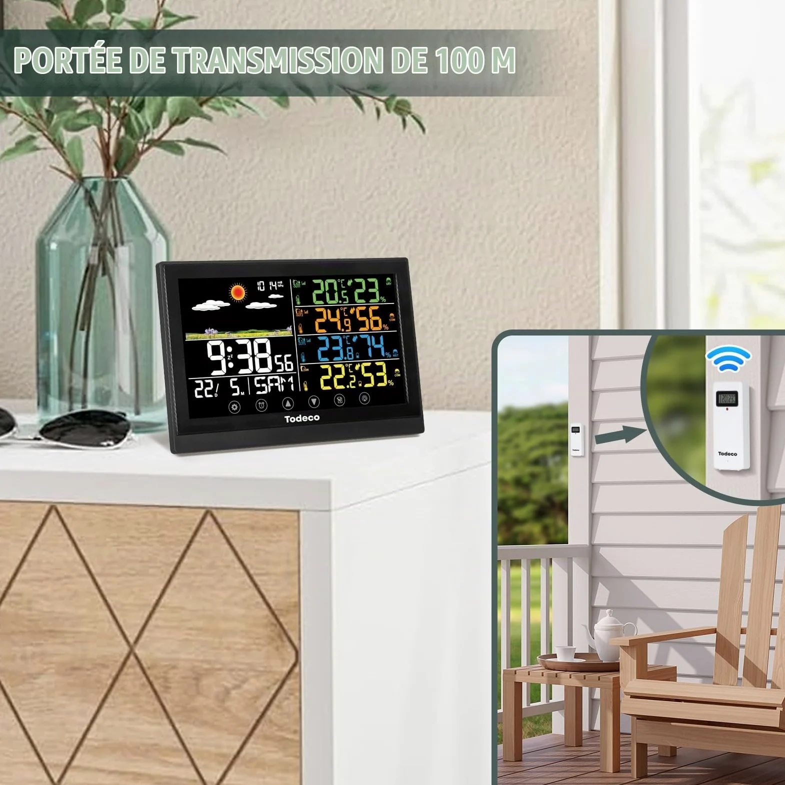 Todeco Station Météo Sans Fil avec 3 Capteurs et Écran LCD Couleur | Température et Humidité, Baromètre, Prévisions Météo, Heure, Calendrier, Réveil avec Snooze, Alimentation Secteur ou Piles