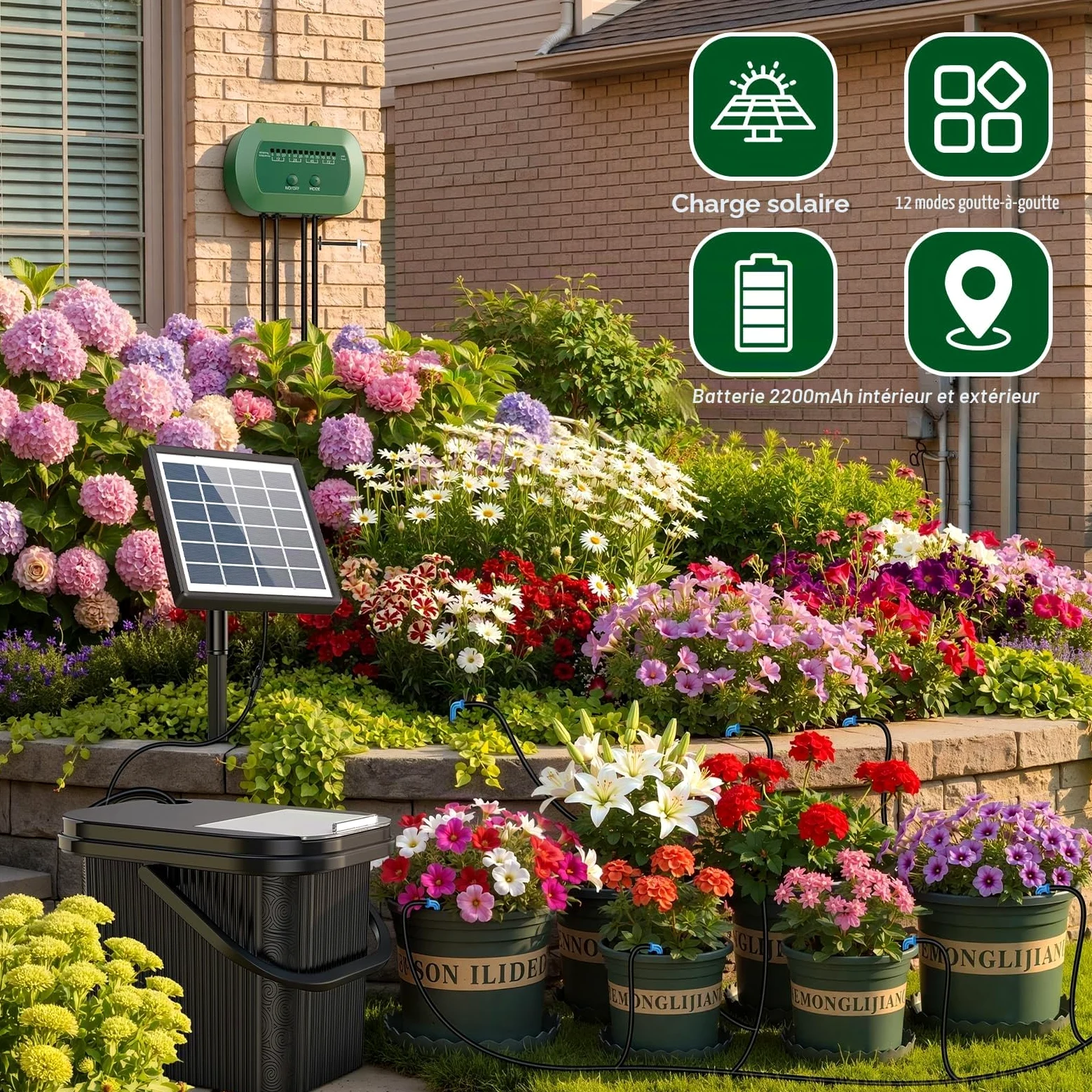 Kit d'Arrosage Automatique Solaire, Système Goutte à Goutte 15m | Avec Tuyau, Seau et 10 Pots de Fleurs, Programmateur Automatique pour Vacances, Balcon et Plantes en Pot