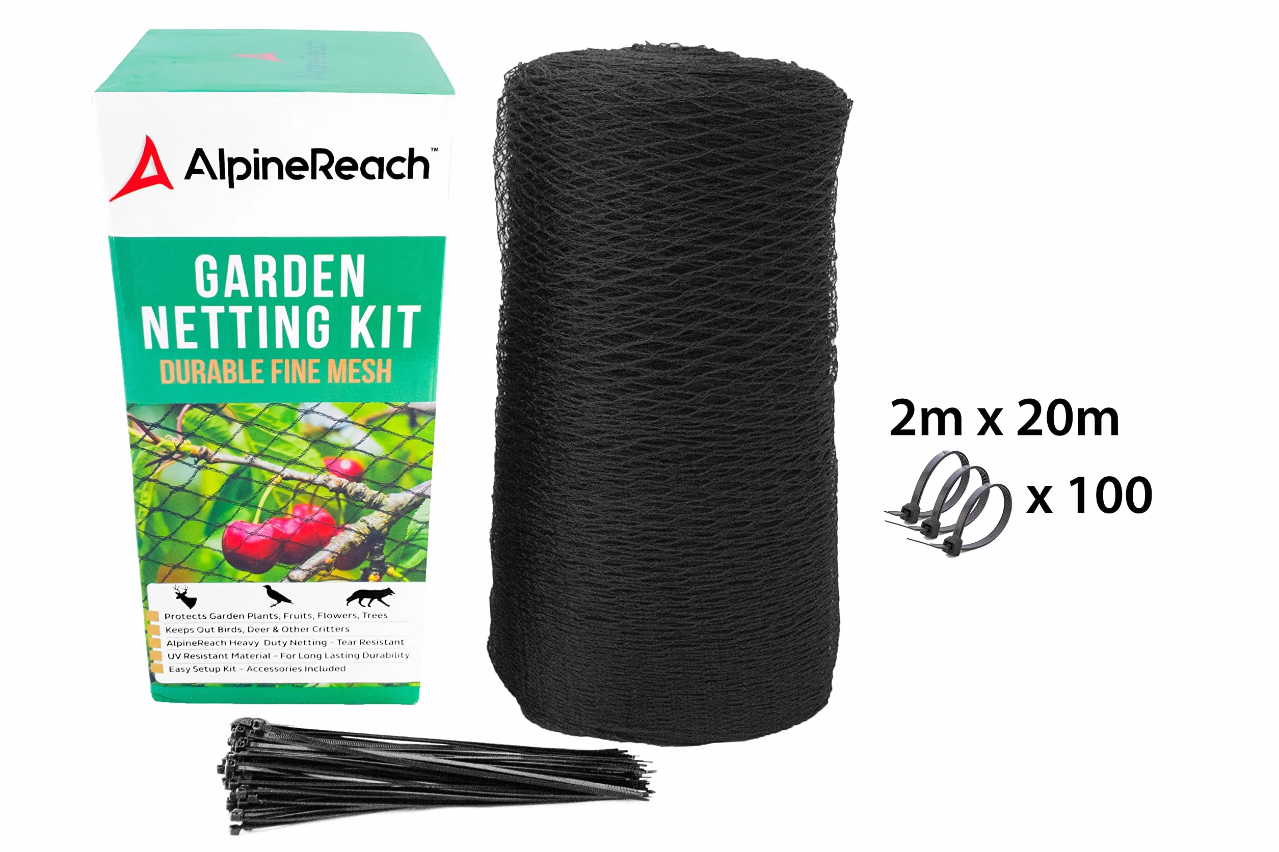 AlpineReach Filet Anti-Oiseaux Noir 2m x 20m Filet de Jardin Résistant Réutilisable