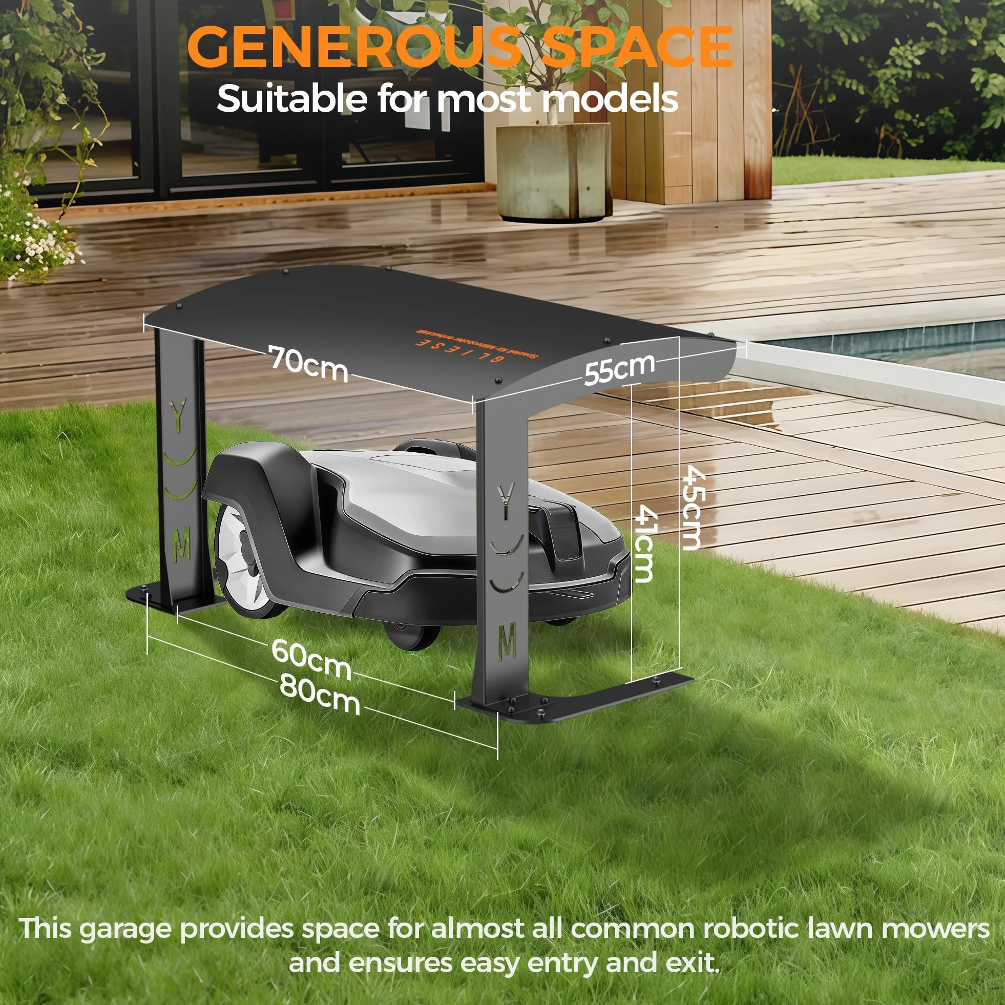 Garage pour tondeuse à gazon – Abri en acier de qualité supérieure – 70 x 55 x 41 cm – Ajustement universel pour les grandes marques – Finition noire électrophorétique résistante aux intempéries