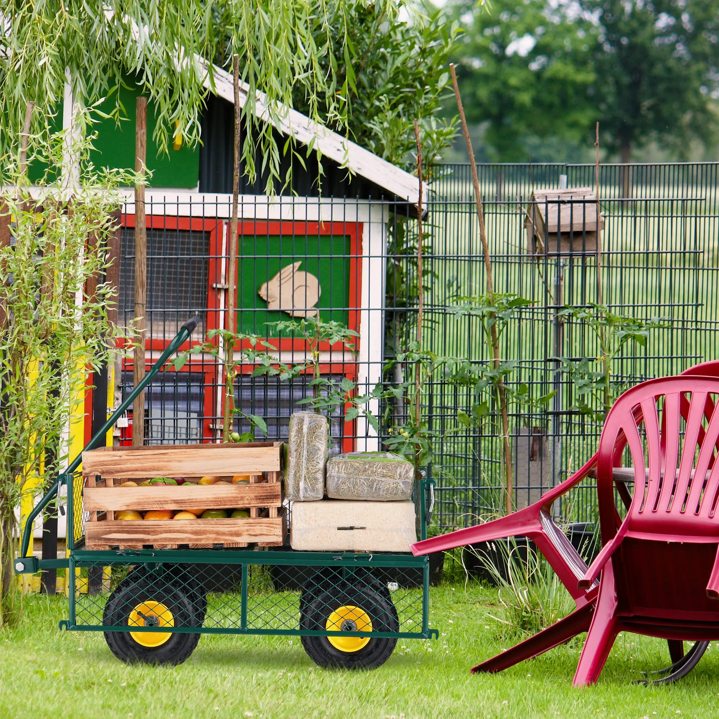 Relaxdays Chariot de Jardin Pratique, Roues pneumatiques, Parties latérales Pliables, Charge Max. 200 kg, Vert/Jaune