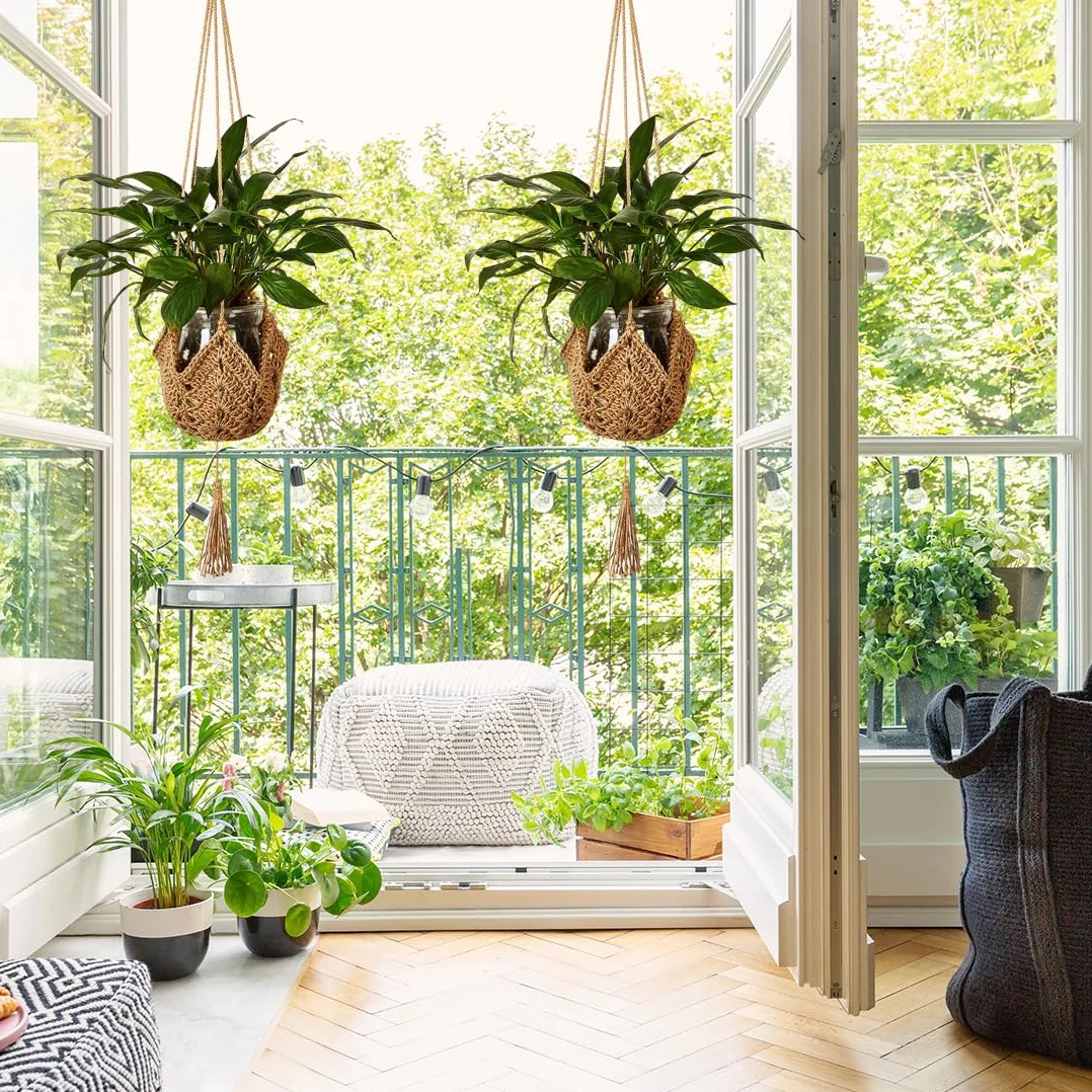 Supports de Plantes en Corde de Jute Lot de 2 avec Crochets - Support de Pot de Fleurs en Macramé