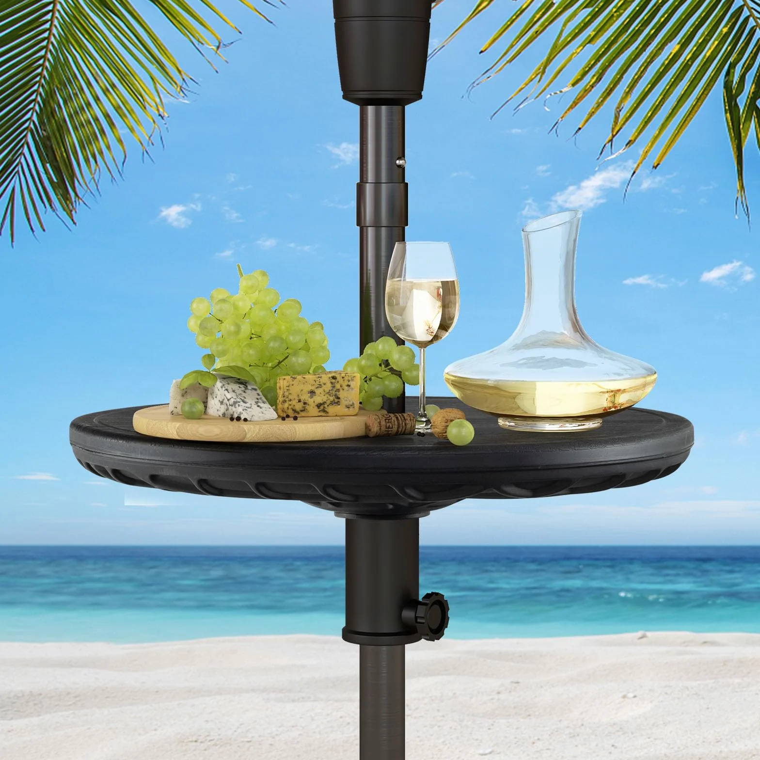 RELAX4LIFE Table de Parasol de Jardin Ronde Φ 50CM Hauteur Réglable Trou de Parasol 38 mm Plateau PE Imitation Grain de Bois Noir
