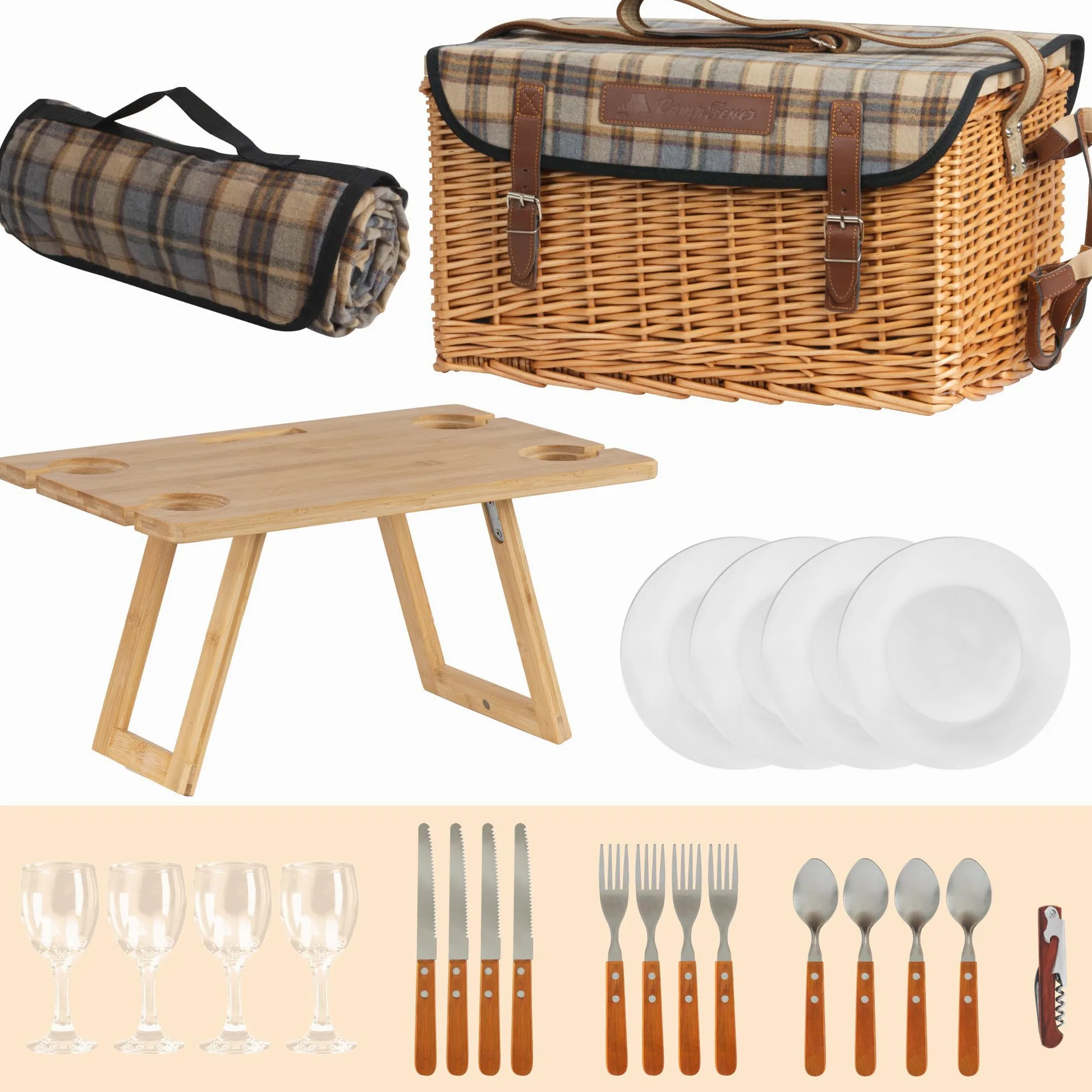 CampFeuer Panier de pique-nique pour 4 personnes, avec set de vaisselle et table de service, 25 pièces, panier en osier avec sangle en cuir synthétique, sac de pique-nique, set de pique-nique