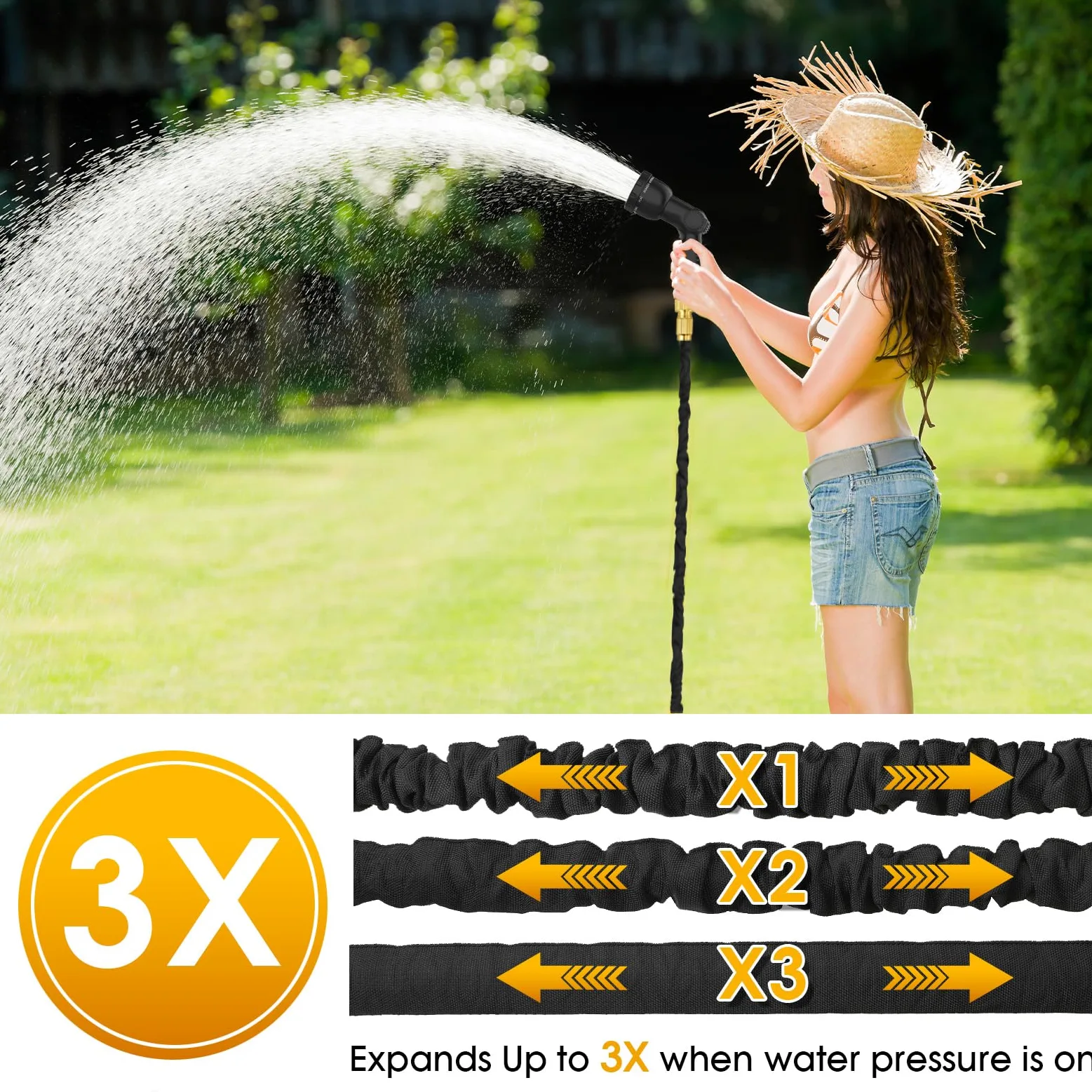Tuyau d'arrosage extensible de 30,5 m – Tuyau d'arrosage avec pistolet à 10 fonctions et raccords en laiton de 1,9 cm, 1,27 cm, tuyau d'arrosage flexible sans nœud, 3 couches de latex dans un tuyau