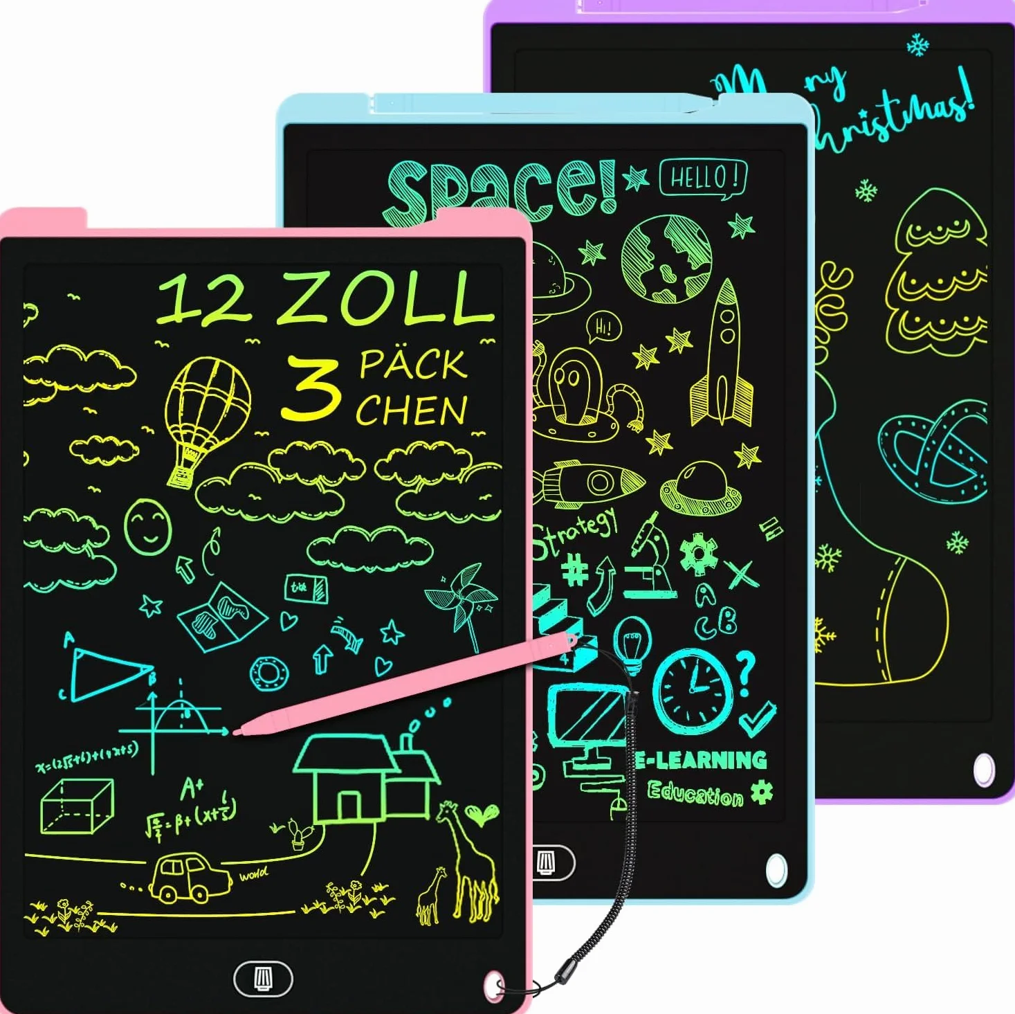 Electight Tablette Dessin Enfants 12 Pouces LCD Colorée avec Bouton Effacement Verrouillage Bleu Rose Violet