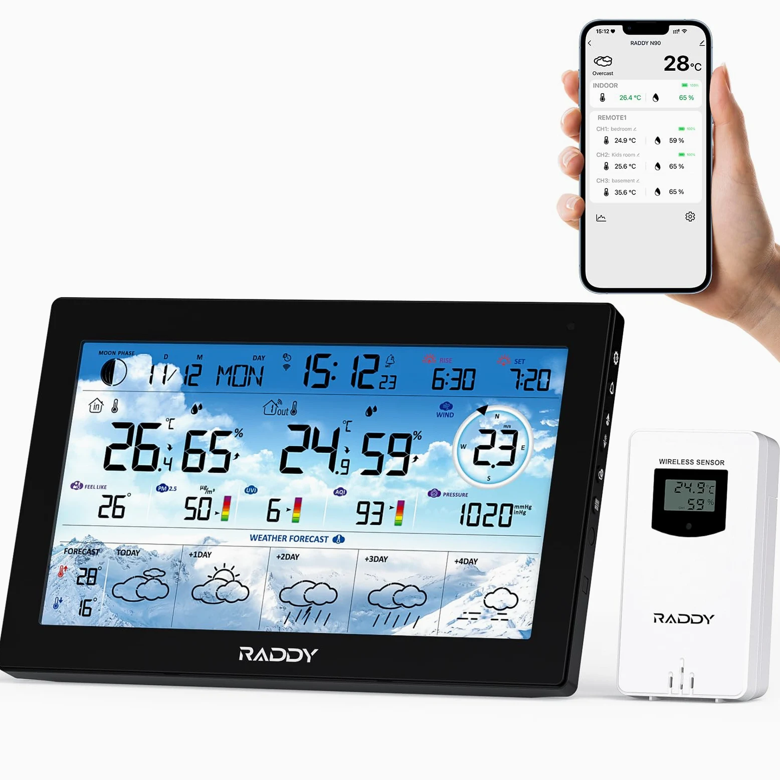 Raddy N90 Wi-Fi Station météo avec capteur sans fil, 8,8" HTN écran, Connectivité via App intelligente, Thermomètre intérieur/extérieur, Moniteur de température et d'humidité, PM2,5/AQI/UVI