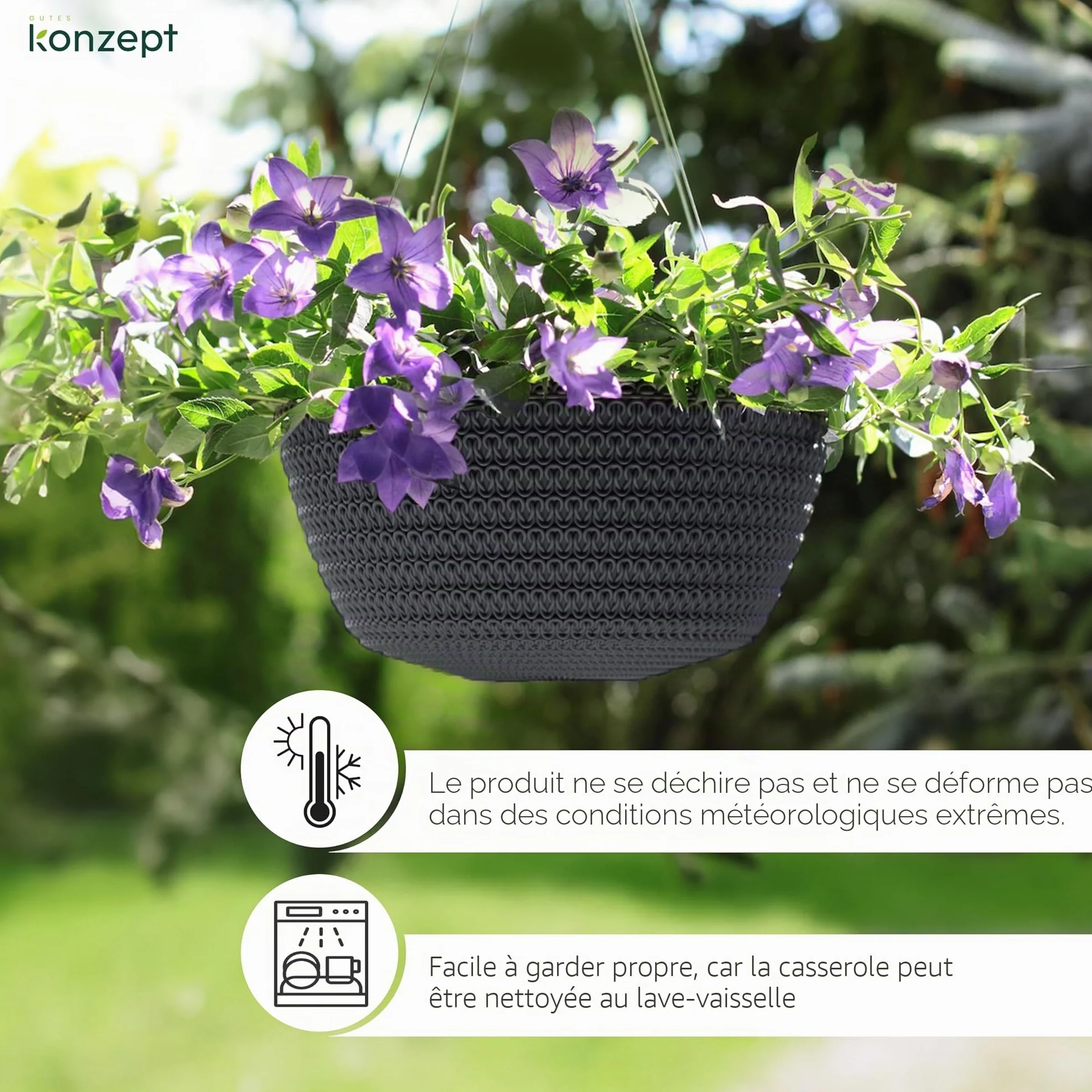 KONZEPT Pot de fleurs suspendu 30 cm Anthracite Motif tressé