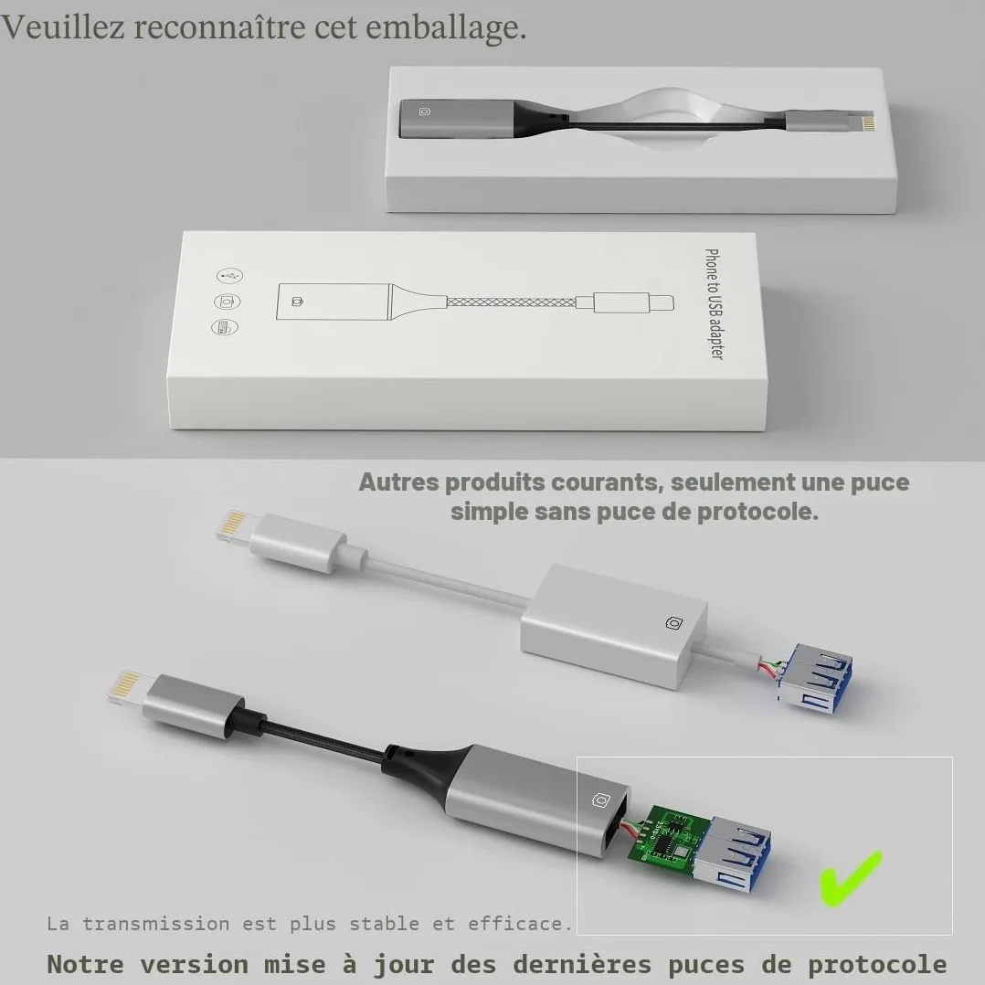 Adaptateur Lightning vers USB MFi pour iPhone iOS OTG Caméra Lecteur Flash Carte Souris Clavier