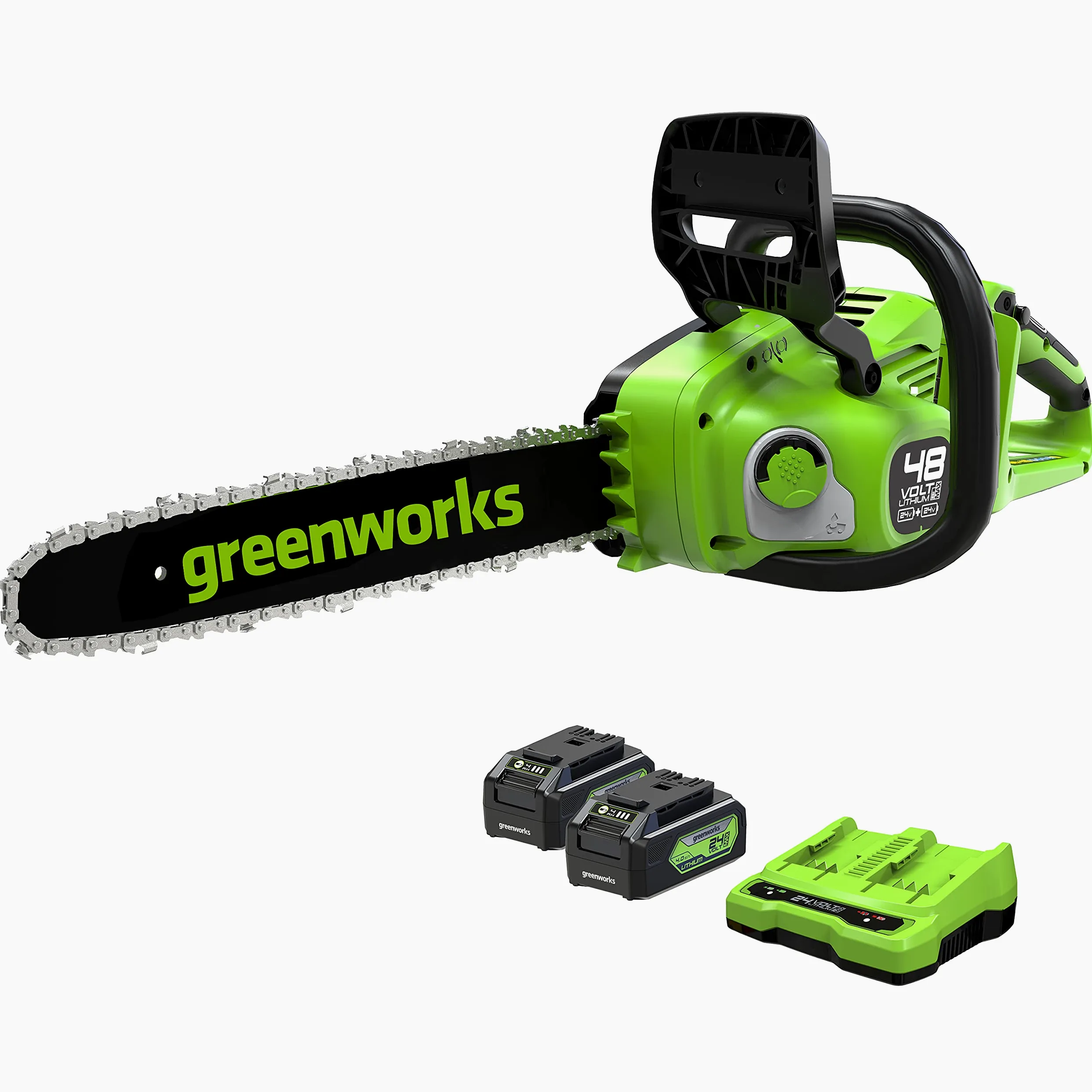 Greenworks Tronçonneuse à Batterie Moteur Sans Balais, Longueur des barres 14 Pouces (35cm), 2 Batteries 24V 4Ah et Chargeur Double+ Greenworks 35cm Chaîne