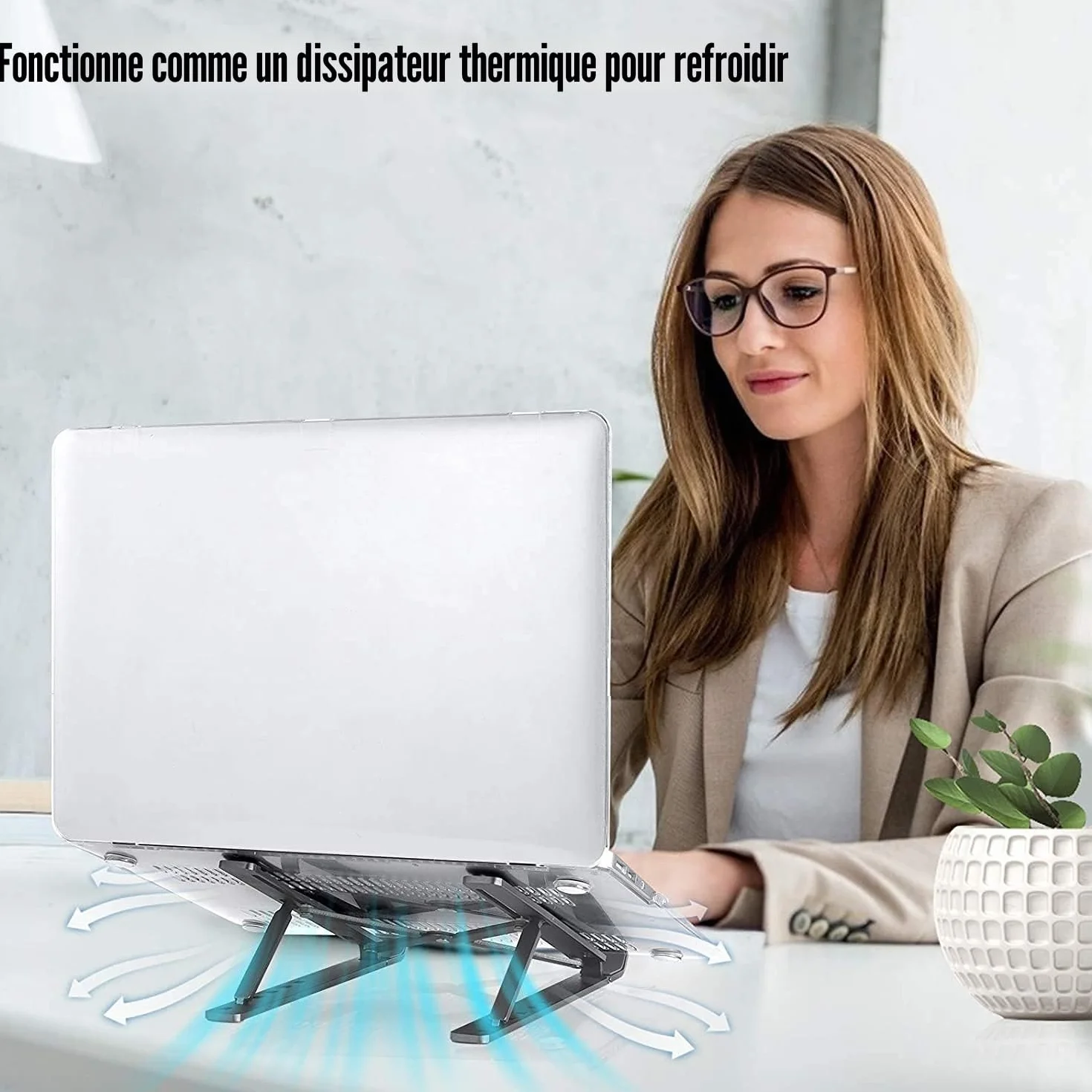 Support Ordinateur Portable Ventilé en Aluminium Réglable, Refroidisseur Ergonomique Compatible MacBook Air HP Dell 10-17.3 Pouces Noir