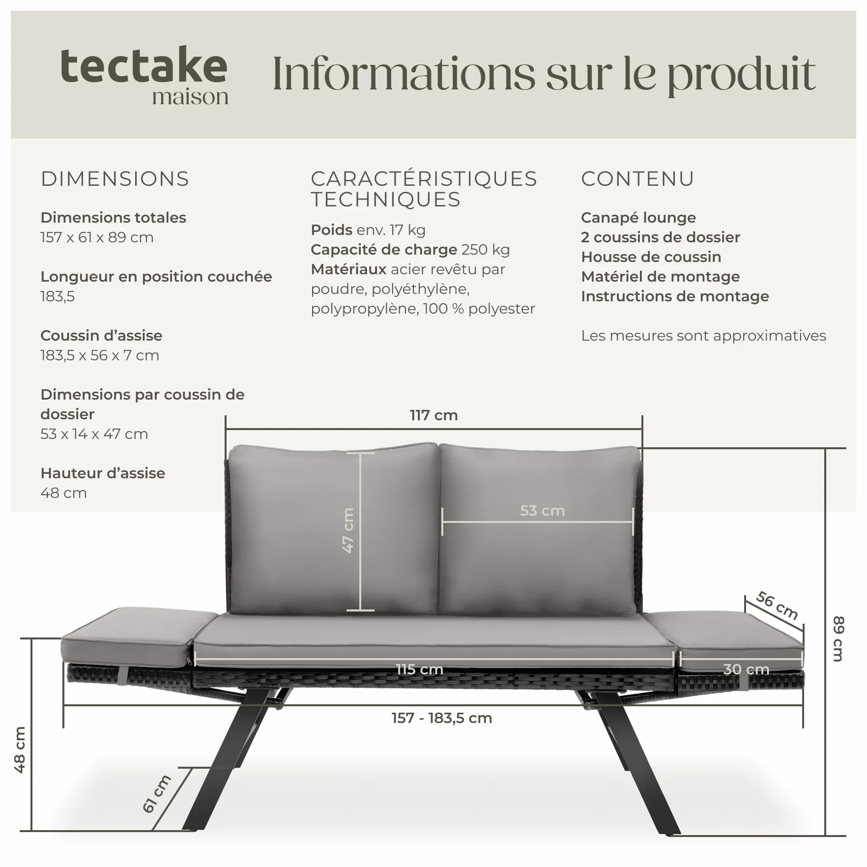 Tectake Salon de Jardin Exterieur 2en1 Canapé 2 Places Bain de Soleil en Résine Tréssée