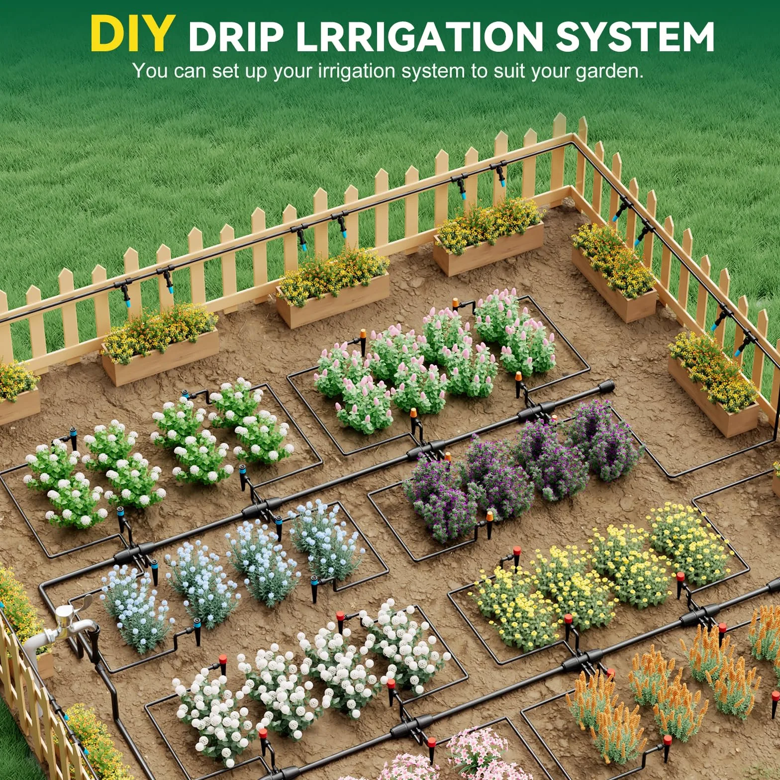 Kit de système d'irrigation goutte à goutte pour jardin (tube principal de 10 m + tube de 6,35 m)