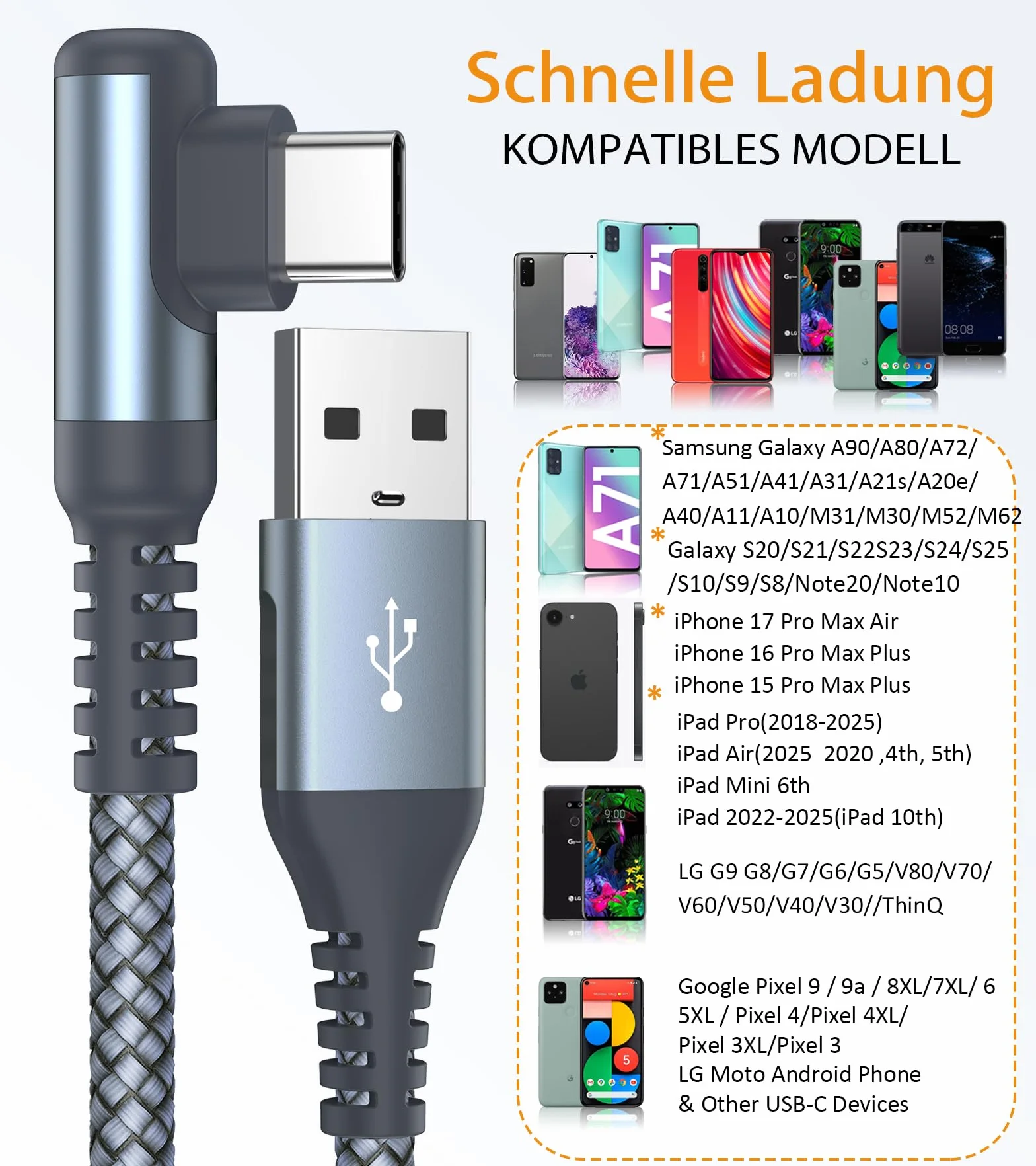 Câble USB C Coudé 90 Degrés Lot de 2, Charge Rapide 3A pour iPhone 15 Pro Max, iPad Pro, Samsung Galaxy S24 S23