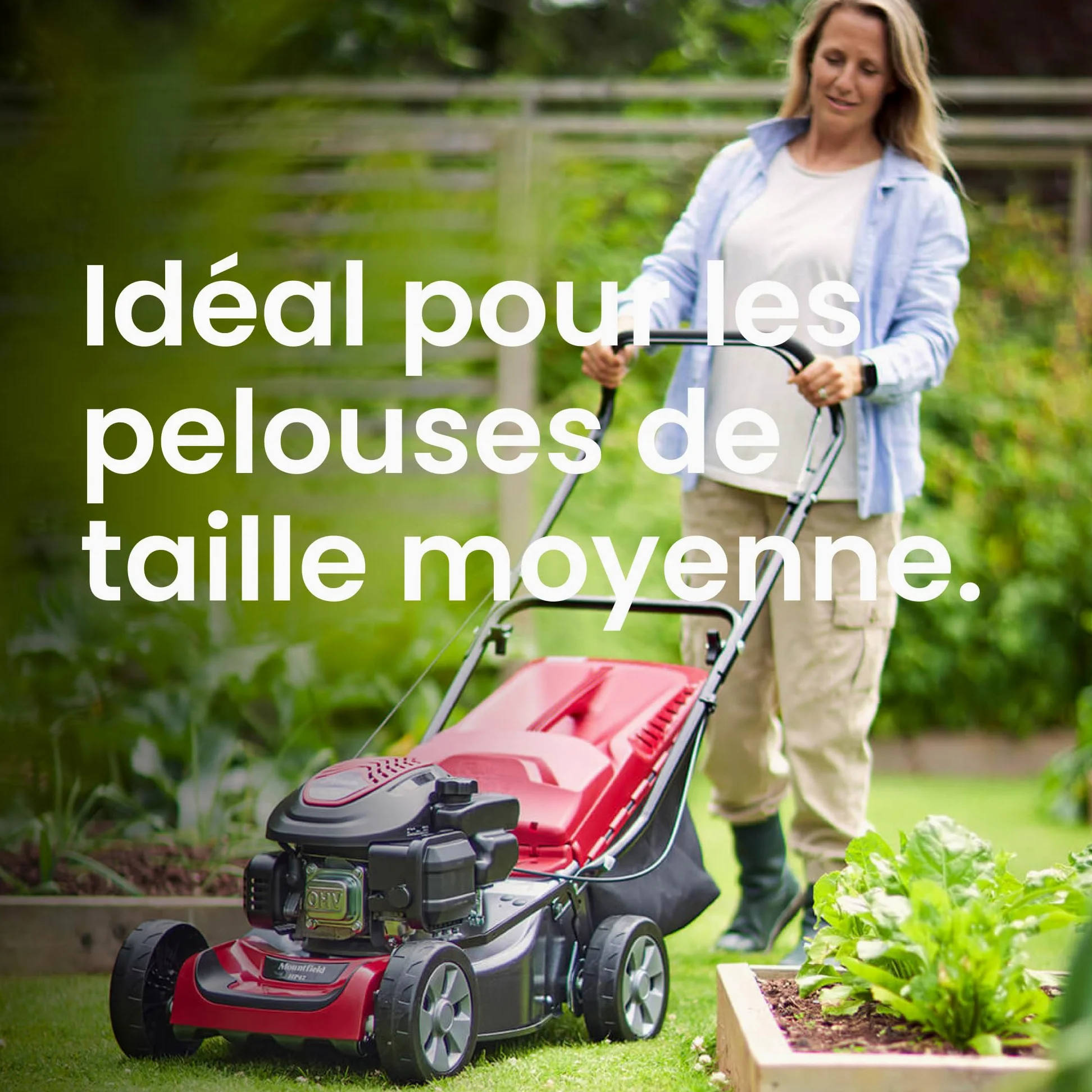 Mountfield Tondeuse HP42, 41 cm – Essence 123 cm³, Bac 60 l – Poignées Pliables, Réglage 6 Positions – Pelouses Jusqu'À 300 m²