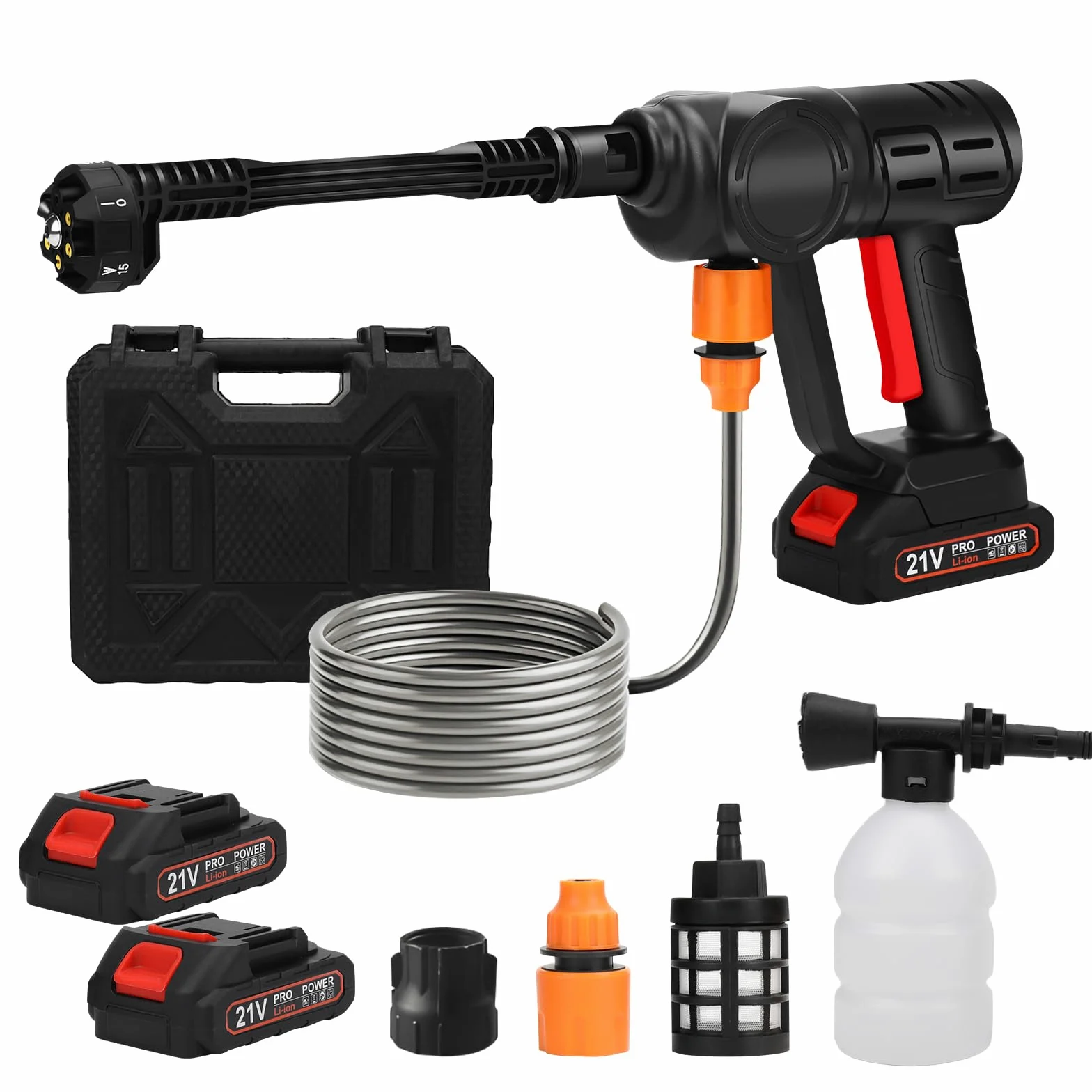 Nettoyeur haute pression sans fil portable, 30 bar, buse réglable 5 en 1, rotatif 180°, 24 V, pour voiture et piscine (deux batteries)