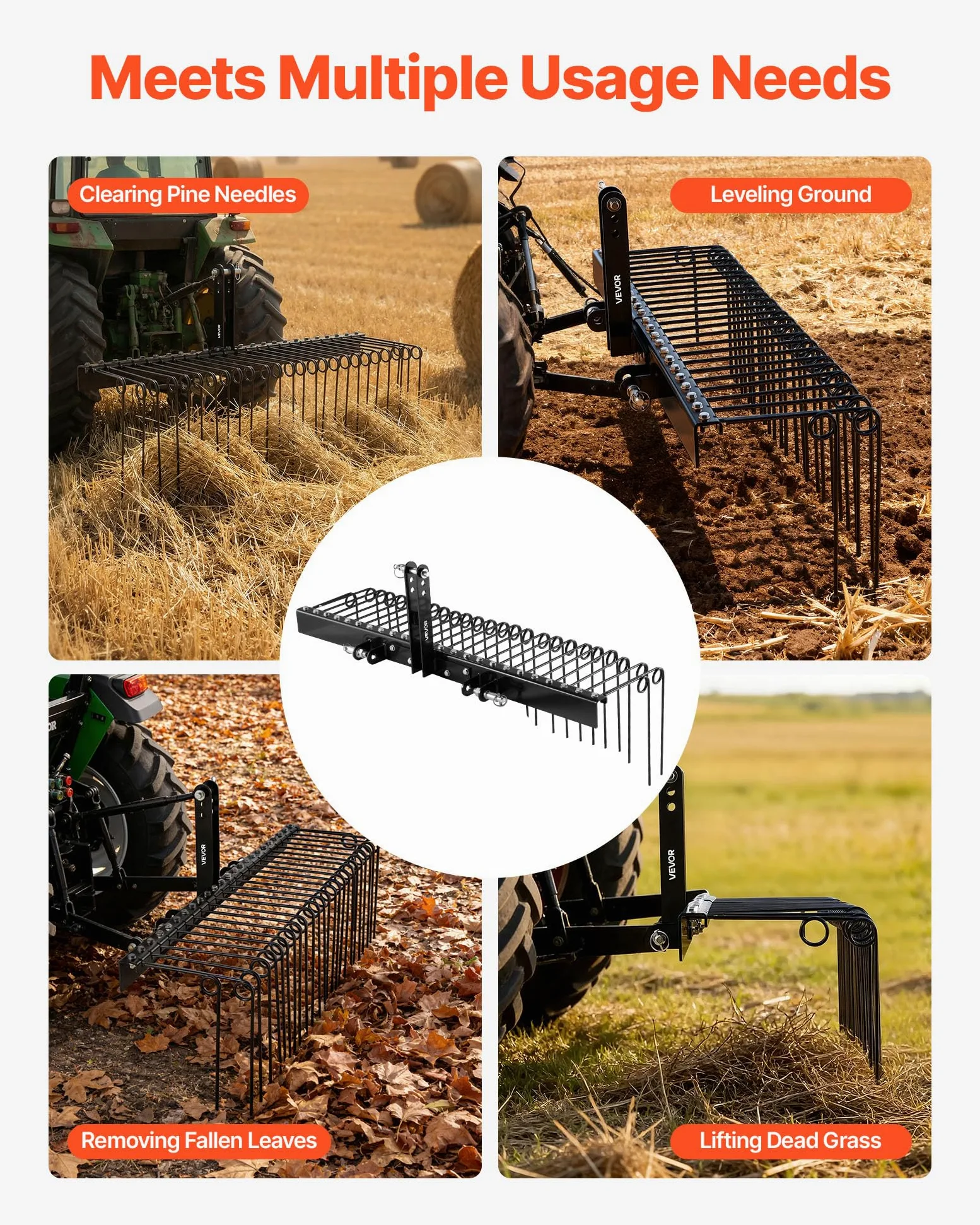 VEVOR Râteau Paysager Tracté 153 cm Râteau Déchaumeur Remorquable pour Attelage 3 Points Tracteurs Catégorie 1 Collecte Aiguilles de Pin, Paille, Feuilles, Nettoyage Jardin, 26 Dents Acier à Ressort