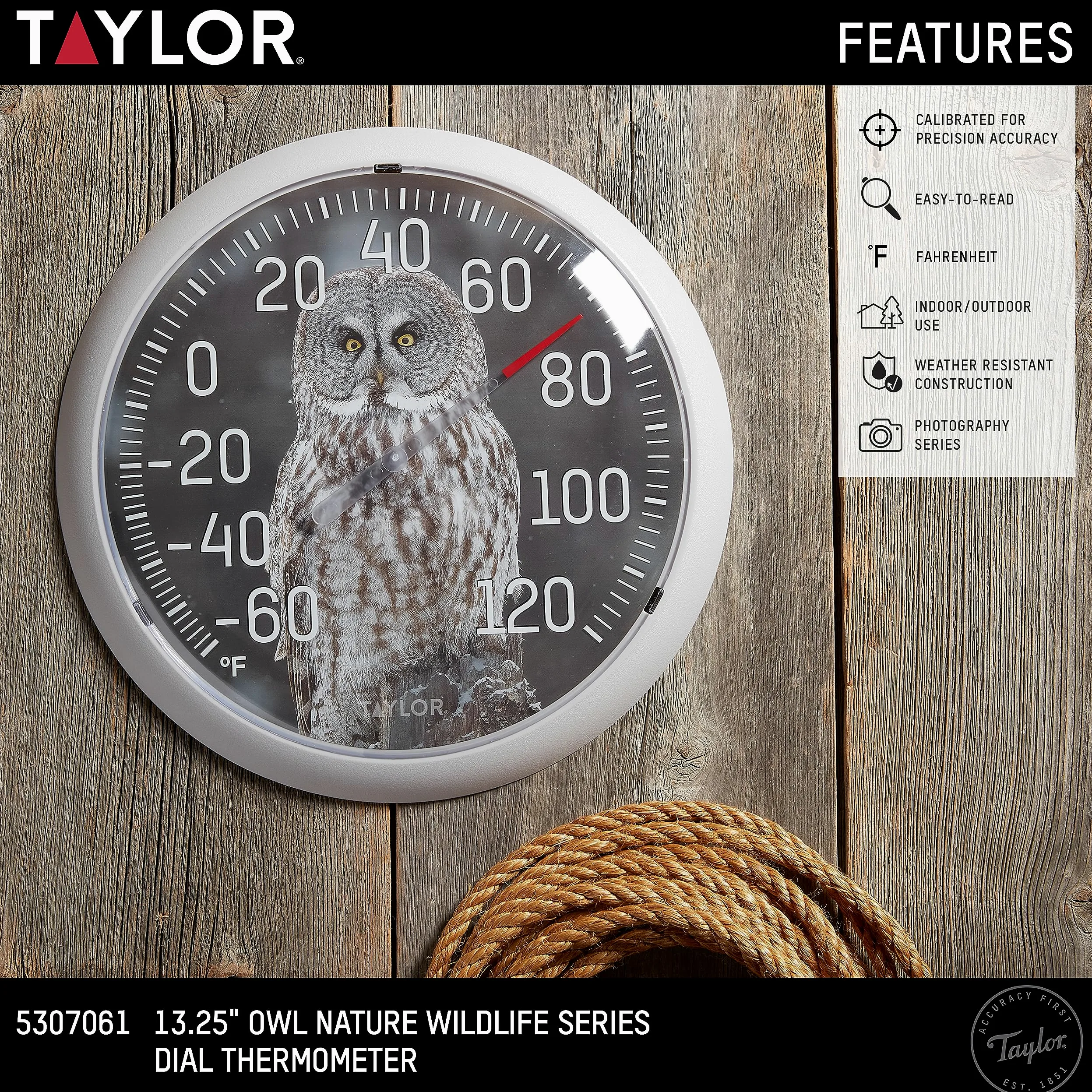 Taylor Nature Series Thermomètre d'intérieur et d'extérieur en forme de hibou, décoration murale facile à lire pour terrasse, piscine, cour, jardin ou garage, 33,2 cm, lunette grise