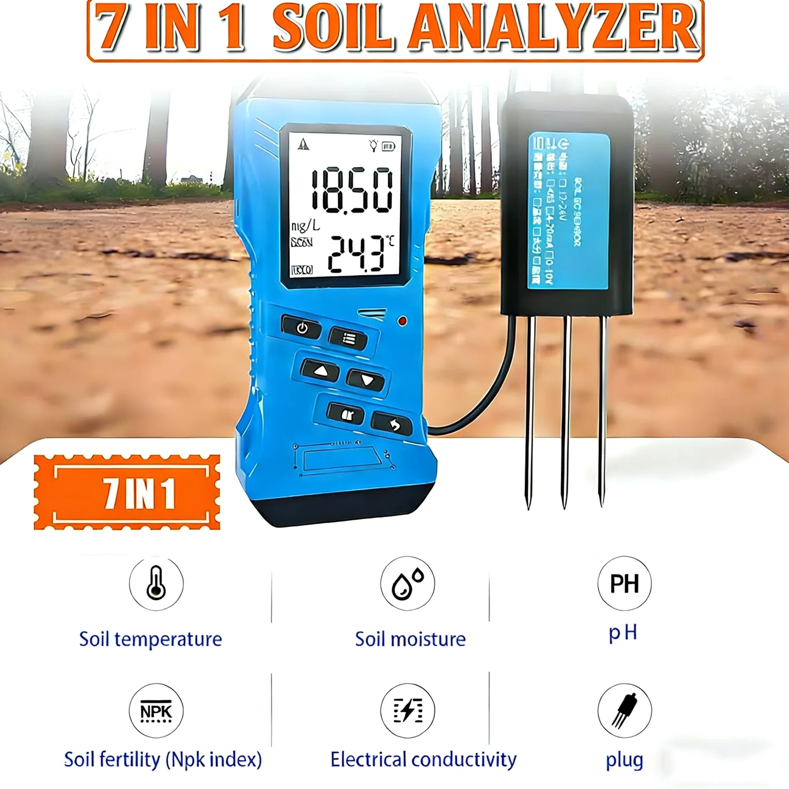 Testeur de sol - Testeur de sol rapide 7 en 1 pour pH, humidité, nutriments, phosphore et potassium pour jardin, pelouse, ferme, plantes en pot et fleurs